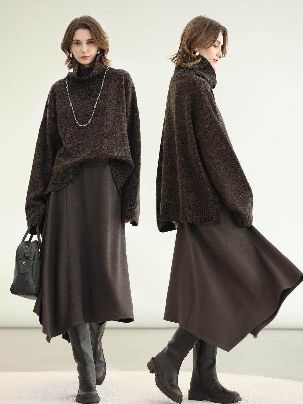 COCOBELLA Patchwork Knit Two Piece Set Stand Collar Long Sleeve Loose Fit Women Sweater