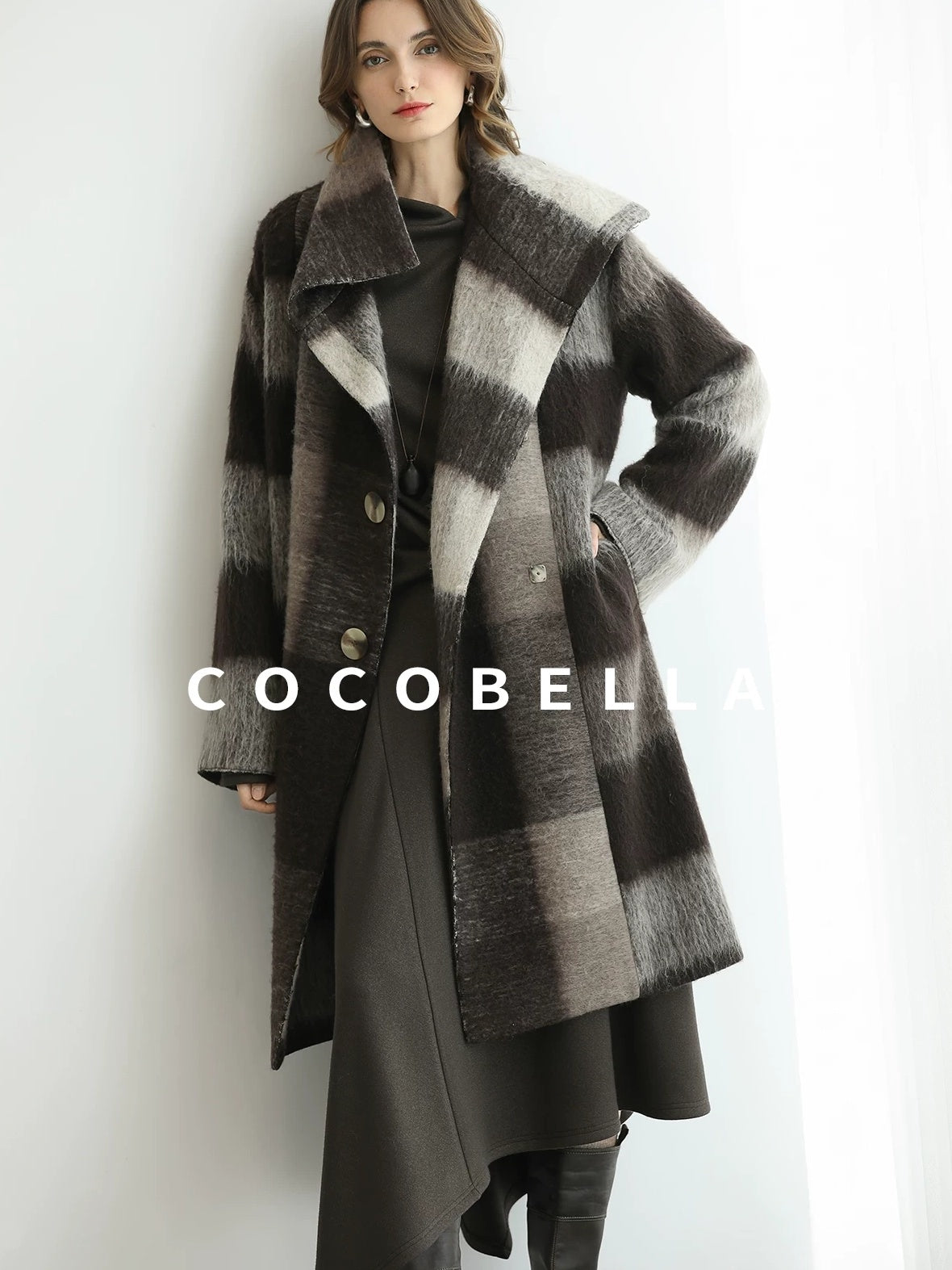 COCOBELLA Patchwork Knit Two Piece Set Stand Collar Long Sleeve Loose Fit Women Sweater