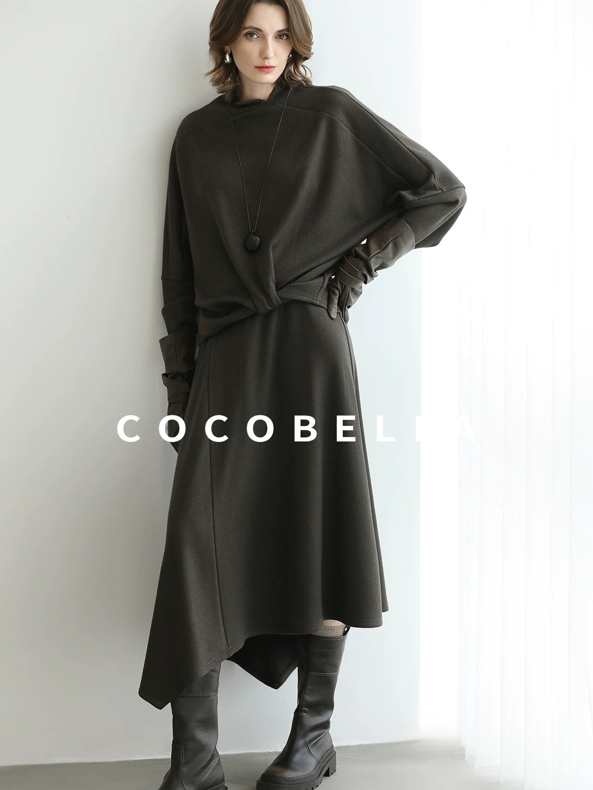 COCOBELLA Patchwork Knit Two Piece Set Stand Collar Long Sleeve Loose Fit Women Sweater