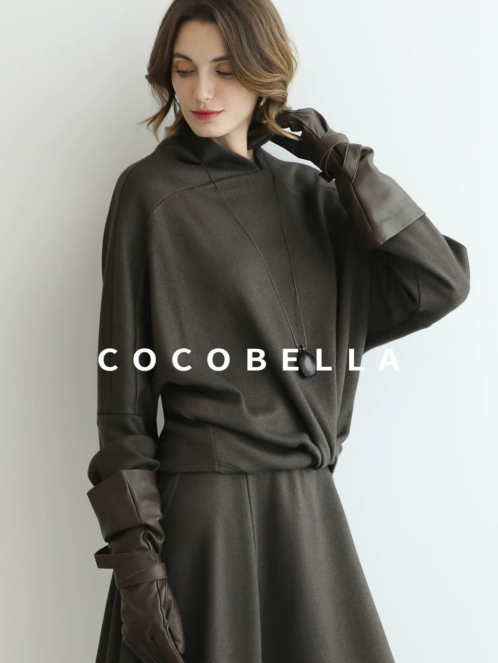 COCOBELLA Patchwork Knit Two Piece Set Stand Collar Long Sleeve Loose Fit Women Sweater
