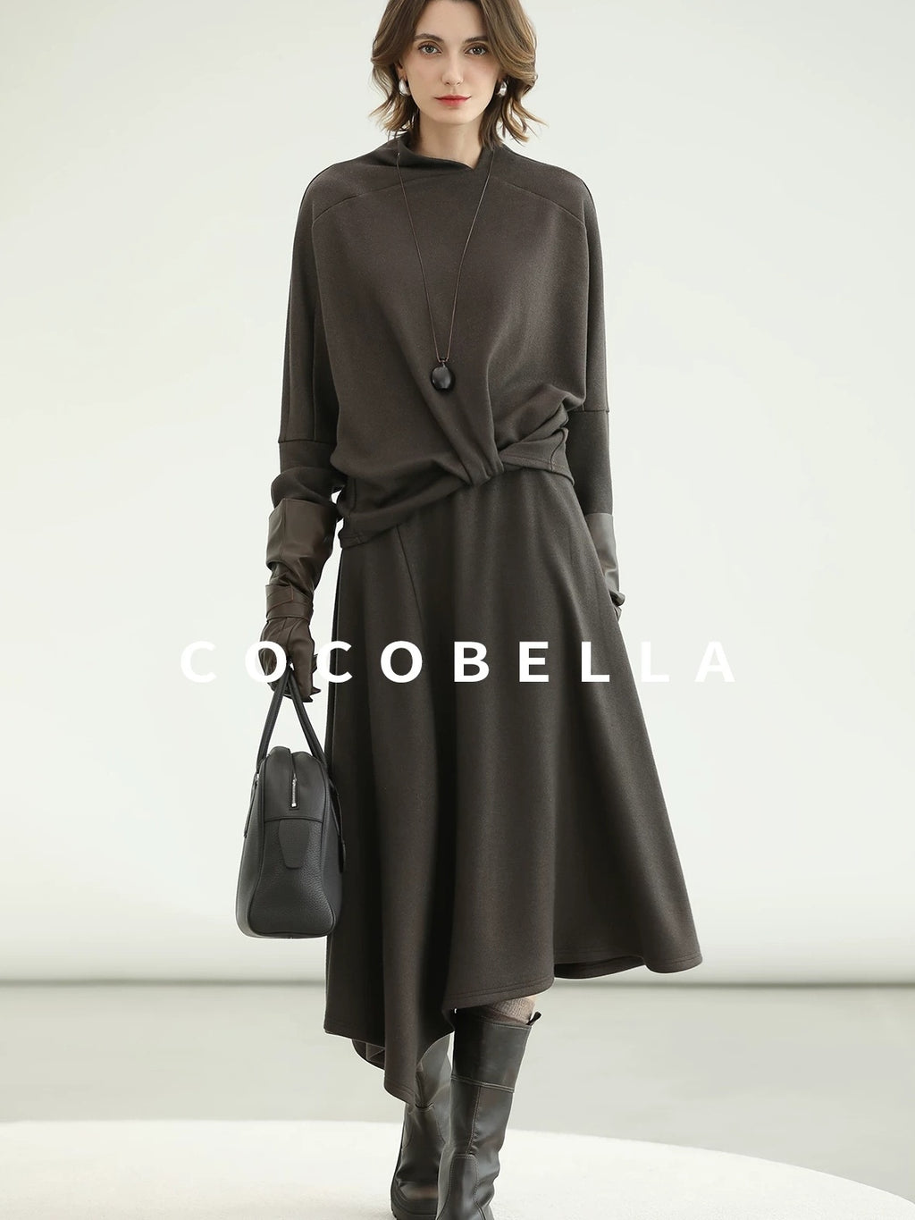 COCOBELLA Patchwork Knit Two Piece Set Stand Collar Long Sleeve Loose Fit Women Sweater