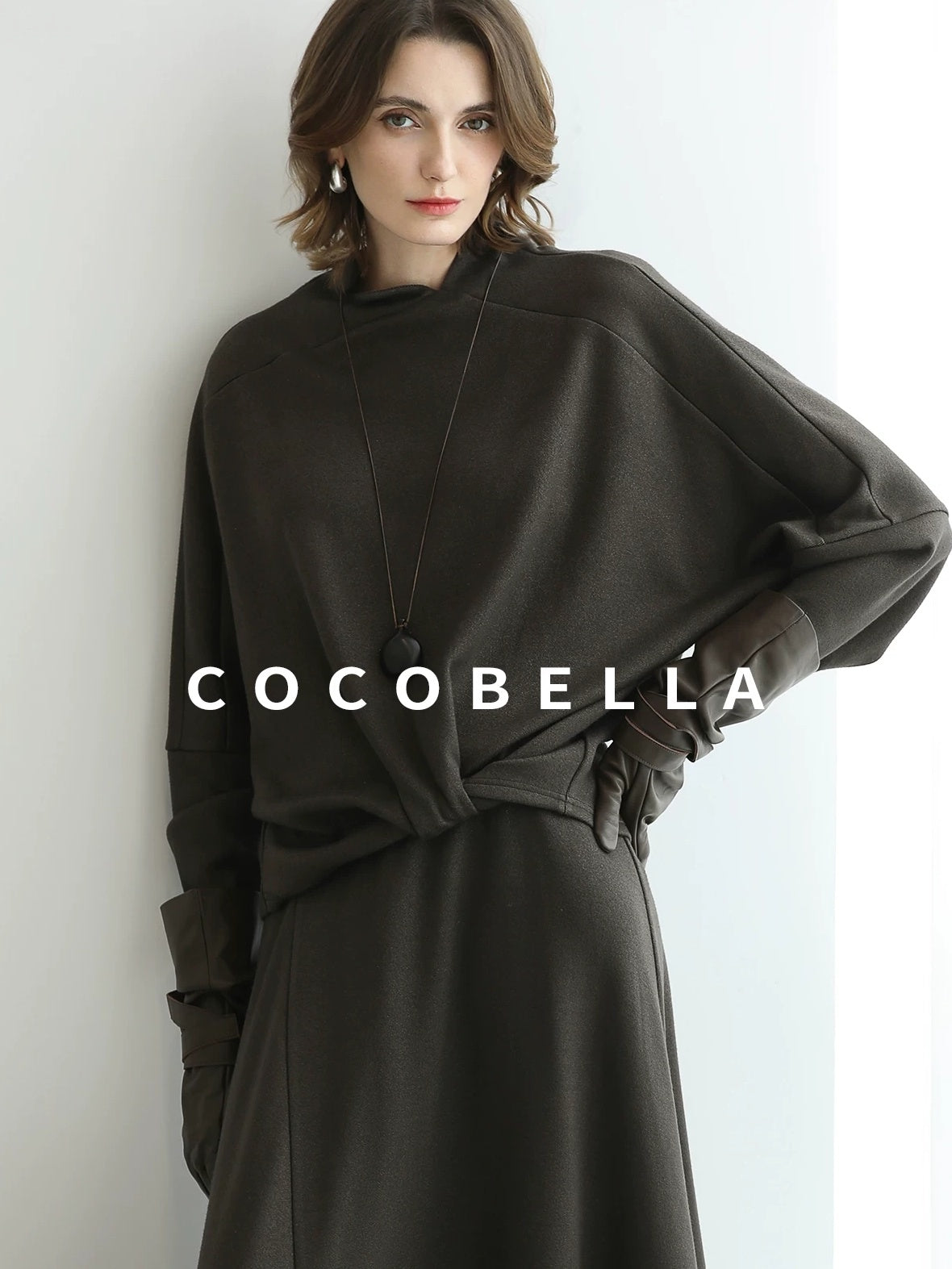 COCOBELLA Patchwork Knit Two Piece Set Stand Collar Long Sleeve Loose Fit Women Sweater