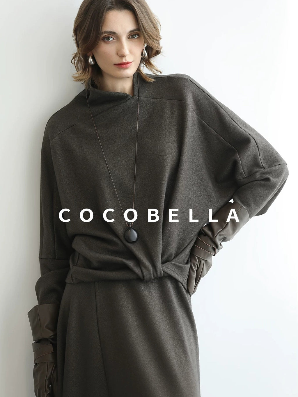 COCOBELLA Patchwork Knit Two Piece Set Stand Collar Long Sleeve Loose Fit Women Sweater