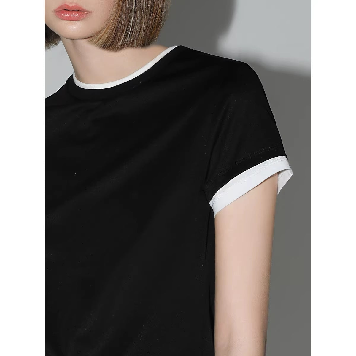 COCOBELLA_Patchwork_Short_Sleeve_Regular_Fit_Office_Women_Poly_Cotton_Black_T-Shirts_MISSTT