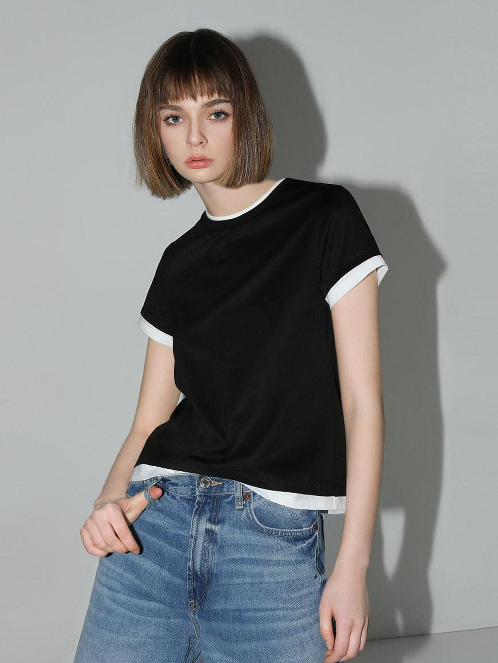 COCOBELLA Patchwork Short Sleeve Regular Fit Office Women Poly Cotton Black T-Shirts