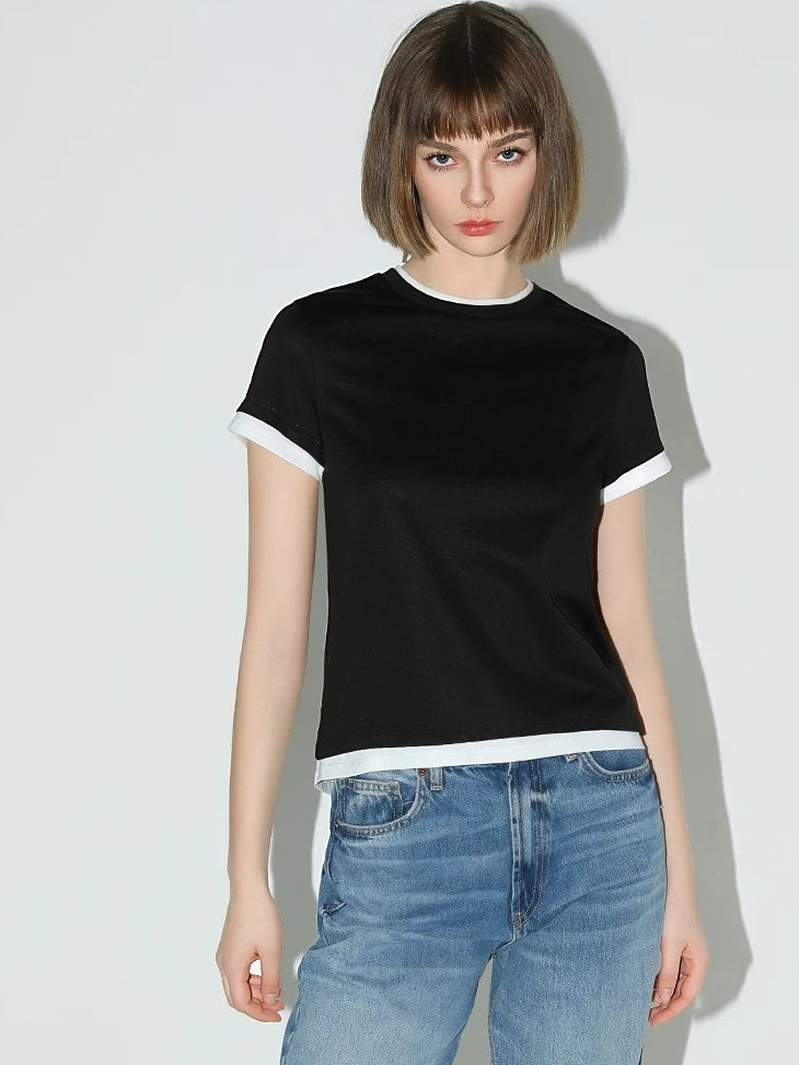 COCOBELLA Patchwork Short Sleeve Regular Fit Office Women Poly Cotton Black T-Shirts