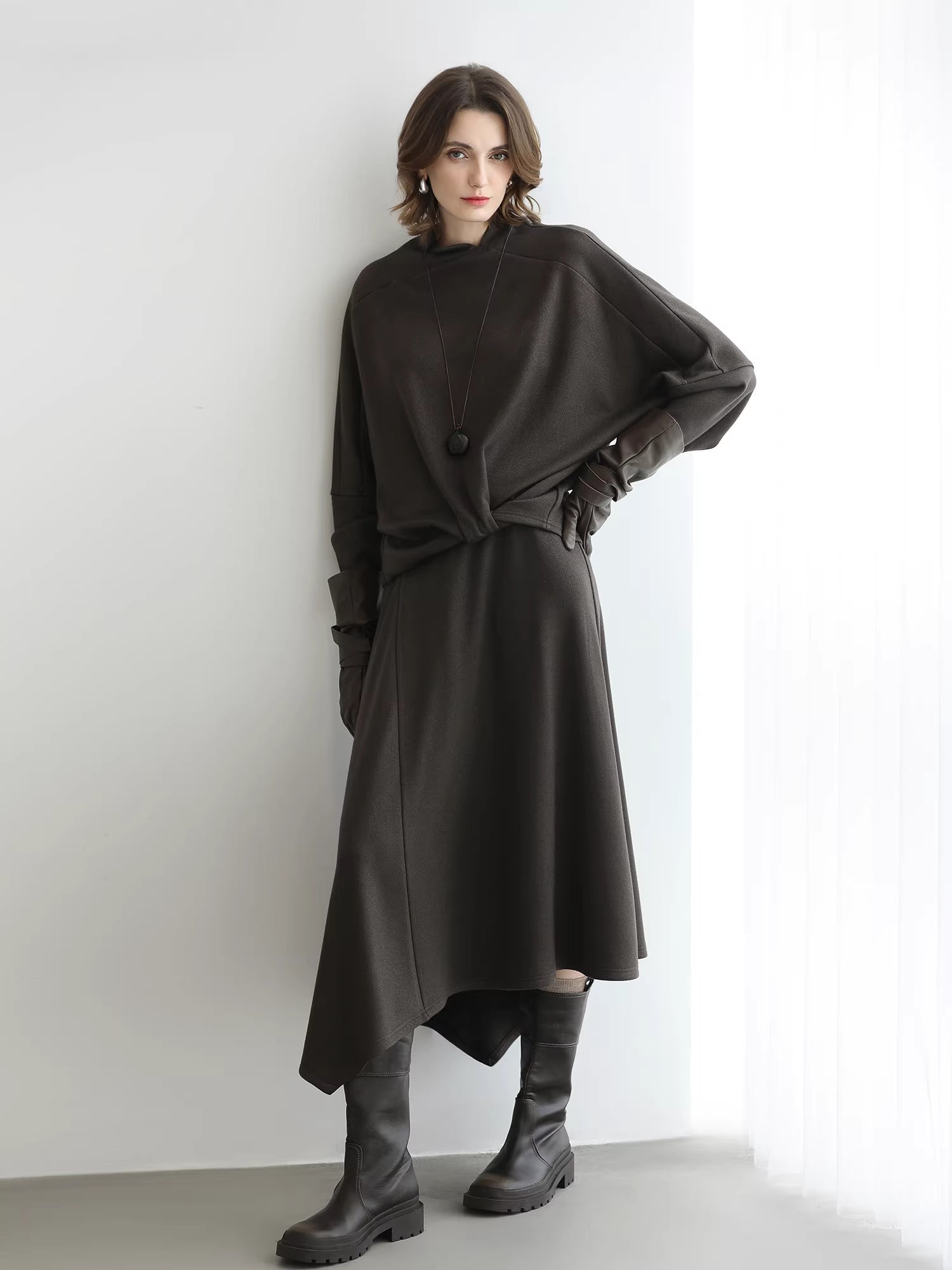 COCOBELLA_Patchwork_Two_Piece_Loose_Fit_Stand_Collar_Long_Sleeve_Women_Knit_Dress_Sweater_MISSTT