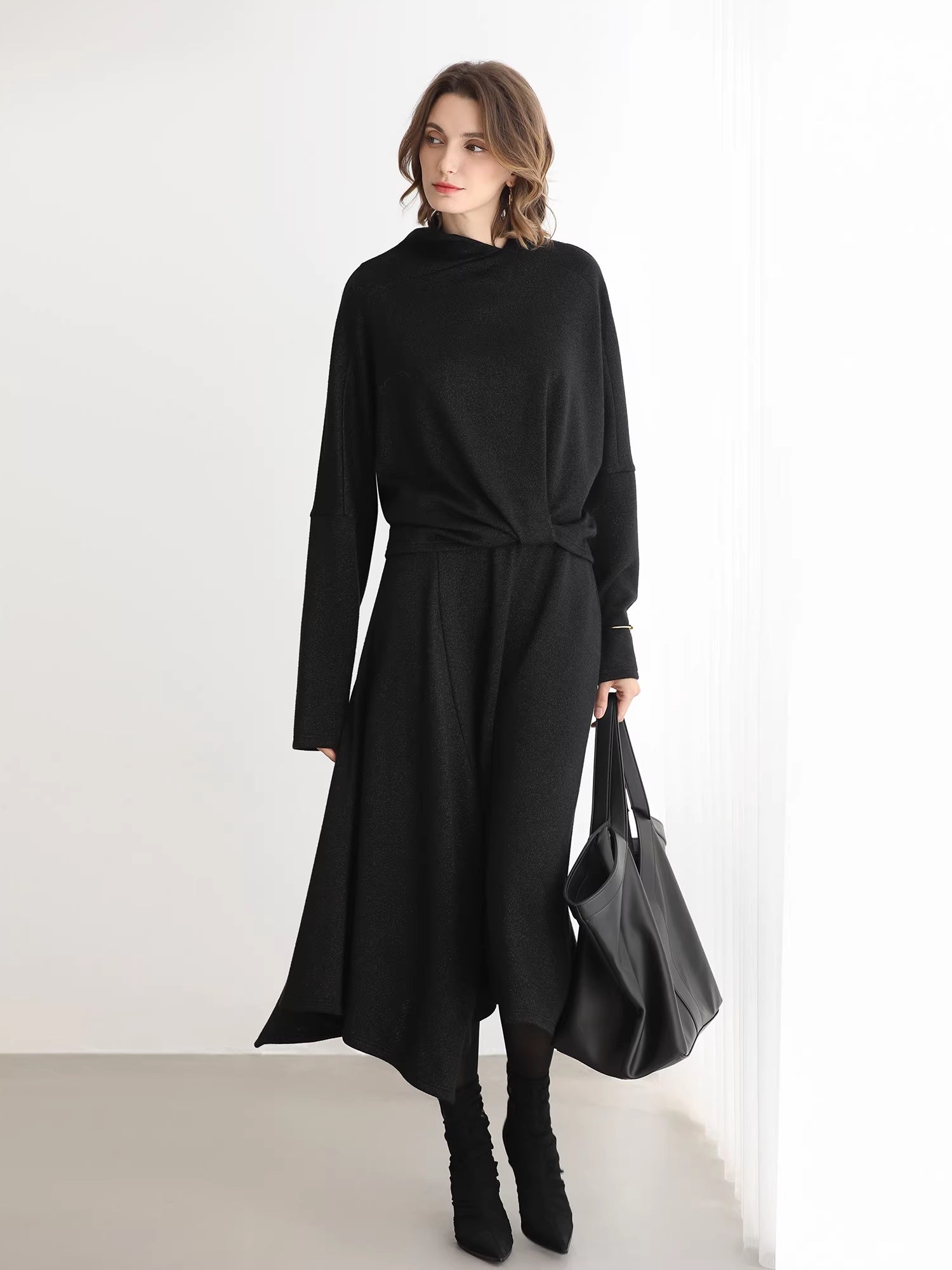 COCOBELLA_Patchwork_Two_Piece_Loose_Fit_Stand_Collar_Long_Sleeve_Women_Knit_Dress_Sweater_MISSTT