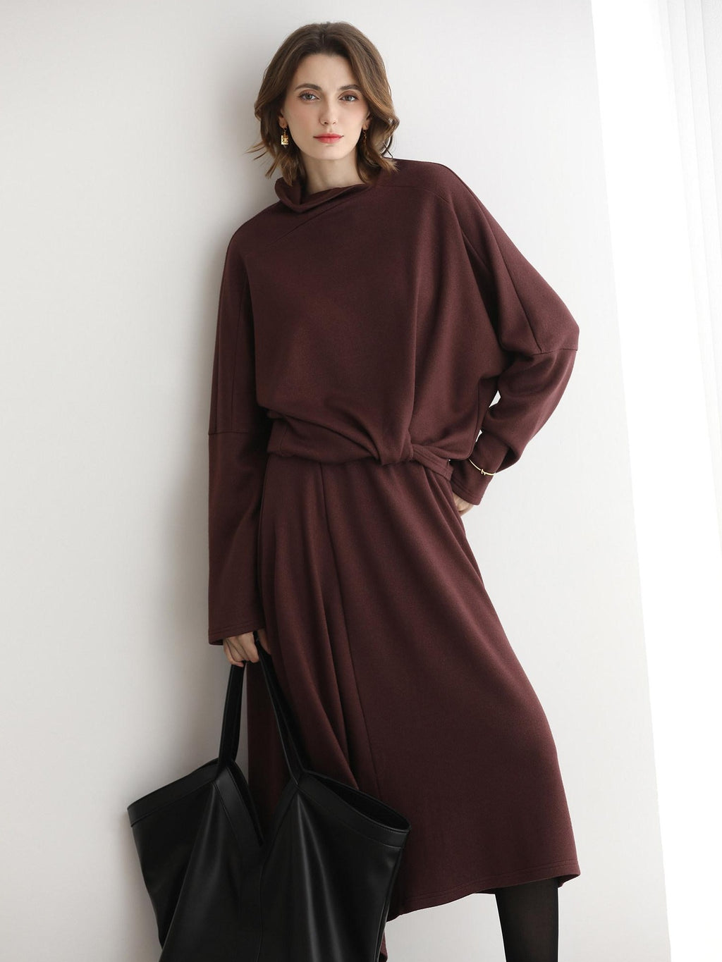 COCOBELLA Patchwork Two Piece Loose Fit Stand Collar Long Sleeve Women Knit Dress Sweater