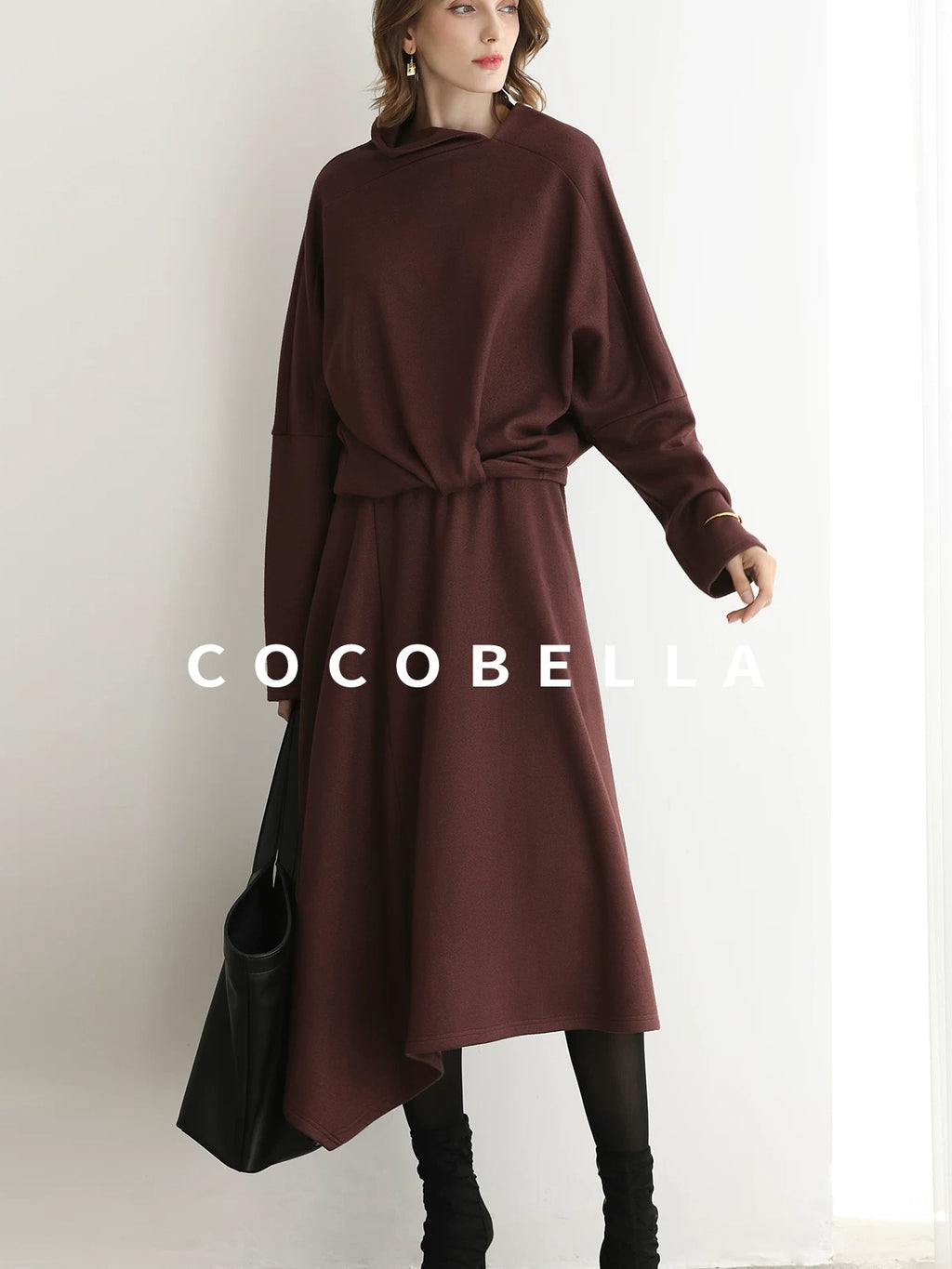 COCOBELLA Patchwork Two Piece Loose Fit Stand Collar Long Sleeve Women Knit Dress Sweater
