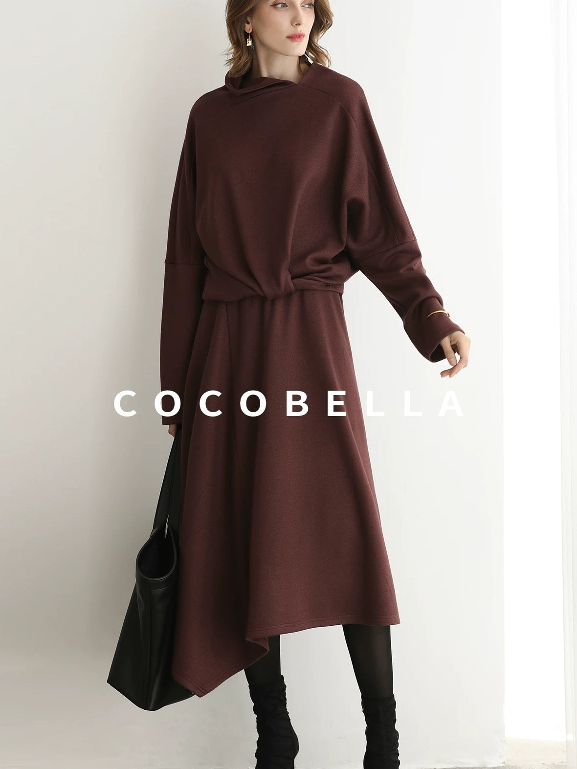 COCOBELLA Patchwork Two Piece Loose Fit Stand Collar Long Sleeve Women Knit Dress Sweater
