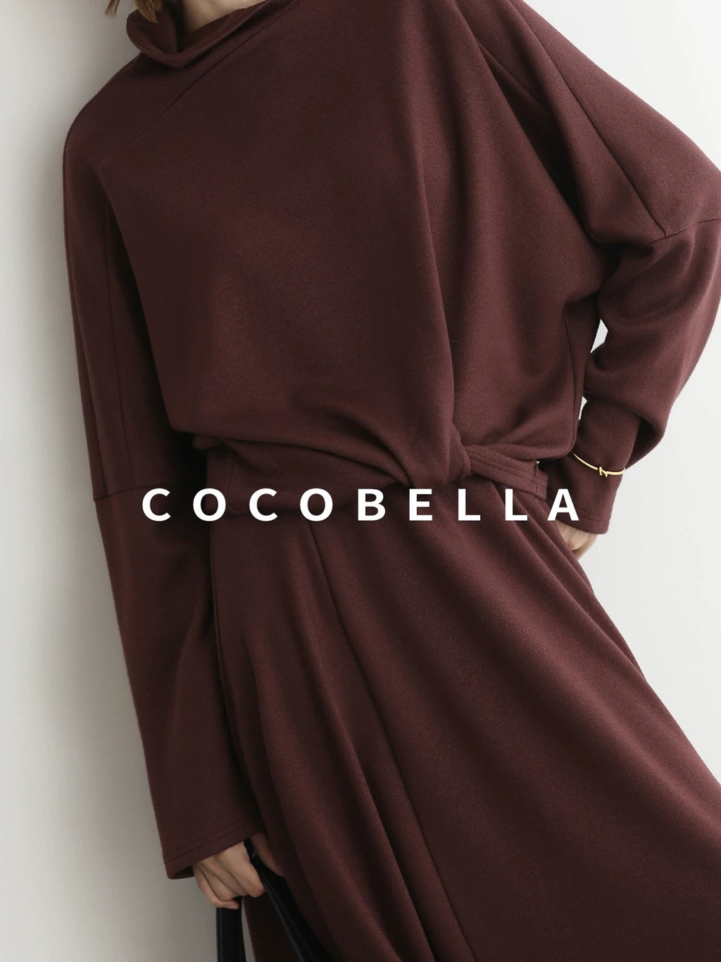 COCOBELLA Patchwork Two Piece Loose Fit Stand Collar Long Sleeve Women Knit Dress Sweater