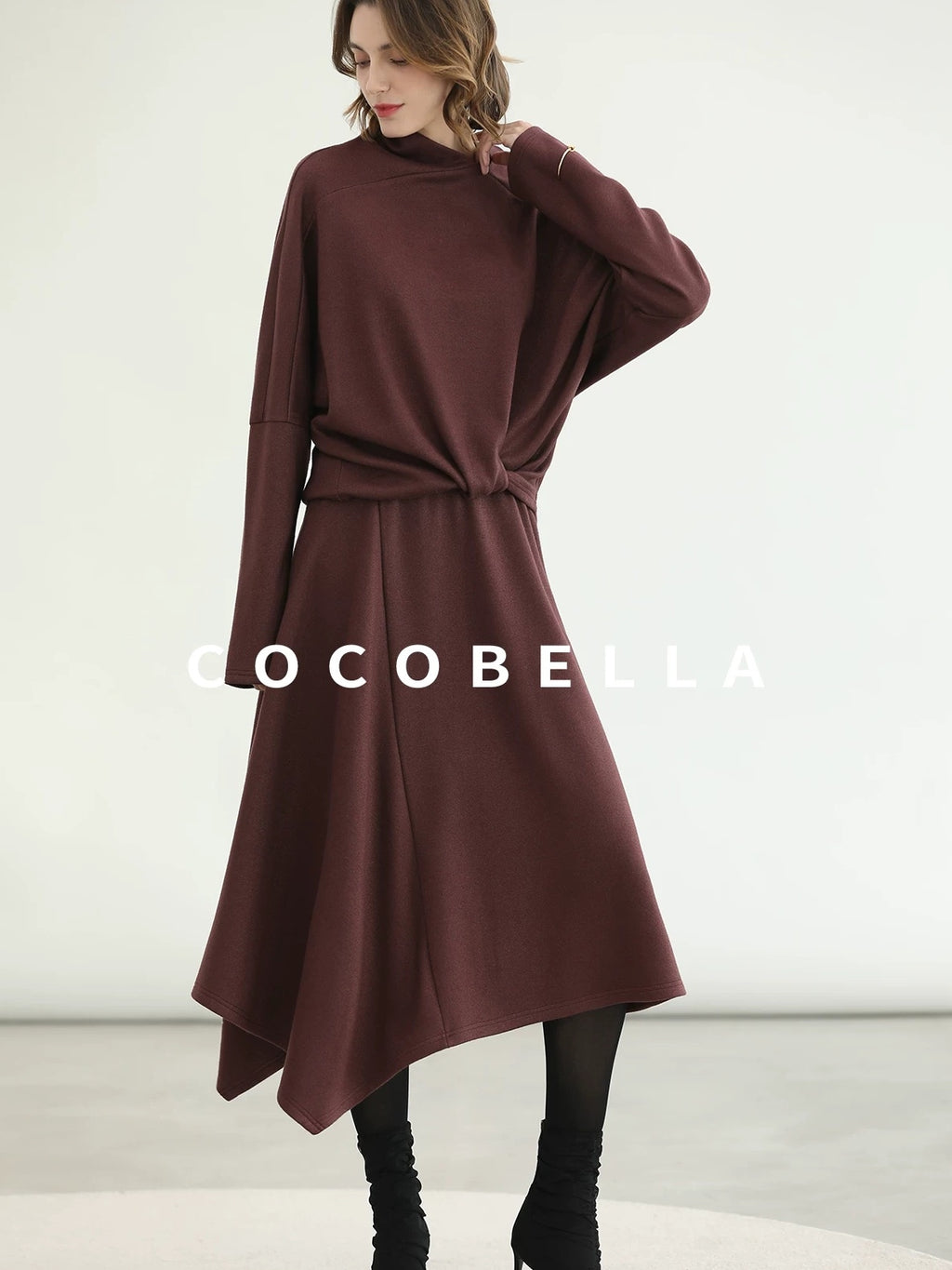 COCOBELLA Patchwork Two Piece Loose Fit Stand Collar Long Sleeve Women Knit Dress Sweater