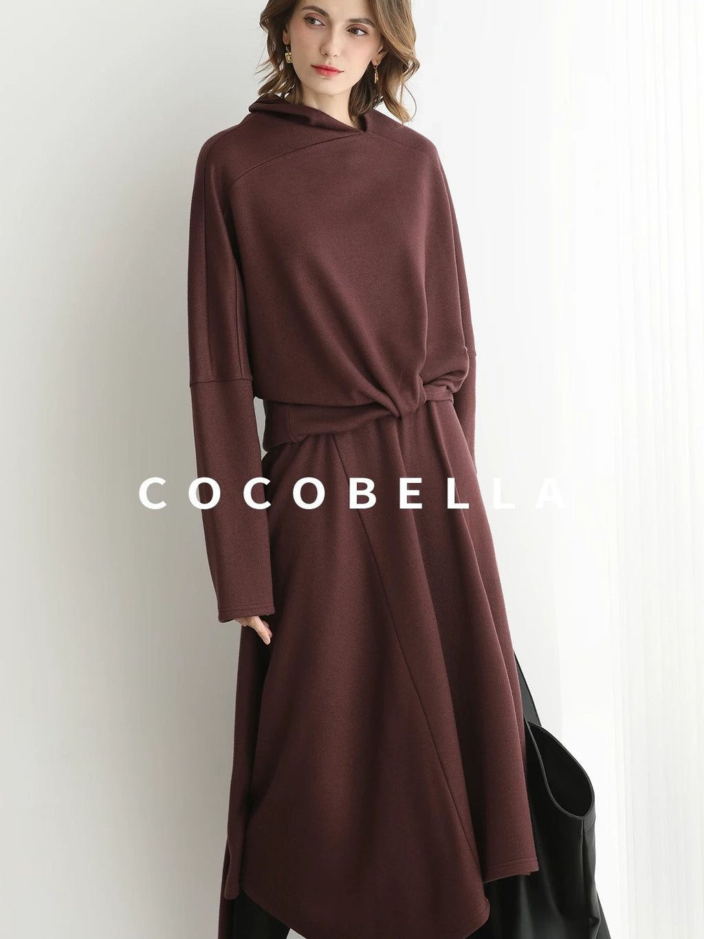 COCOBELLA Patchwork Two Piece Loose Fit Stand Collar Long Sleeve Women Knit Dress Sweater