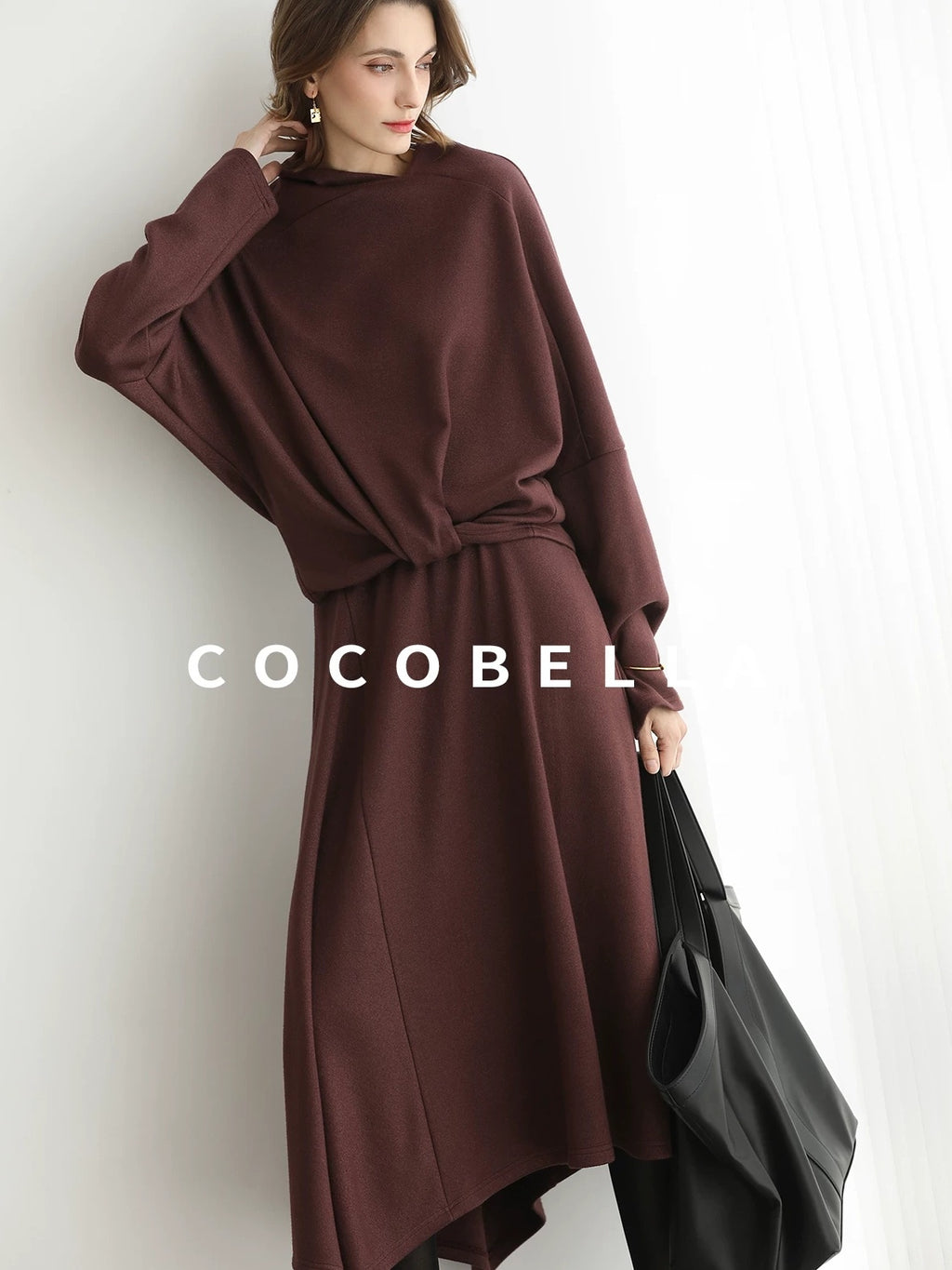 COCOBELLA Patchwork Two Piece Loose Fit Stand Collar Long Sleeve Women Knit Dress Sweater