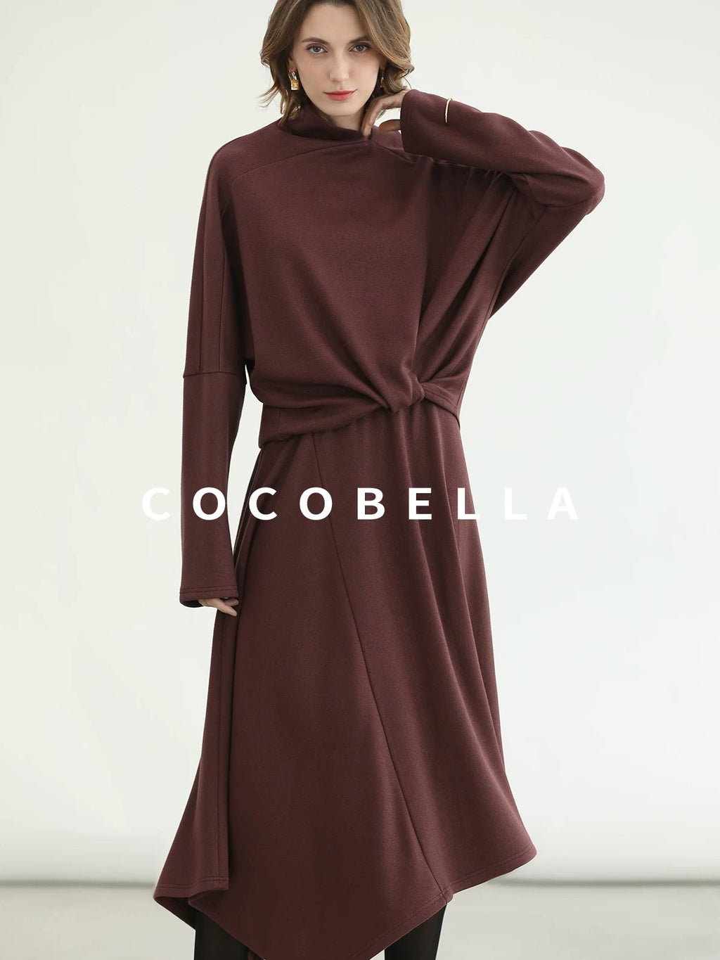 COCOBELLA Patchwork Two Piece Loose Fit Stand Collar Long Sleeve Women Knit Dress Sweater