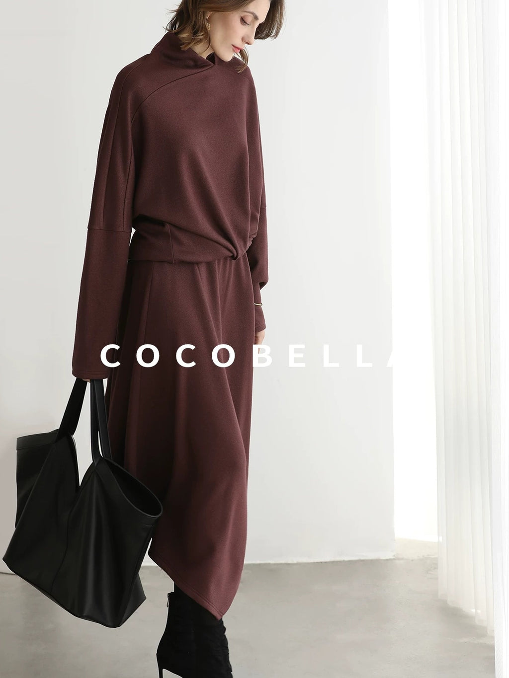 COCOBELLA Patchwork Two Piece Loose Fit Stand Collar Long Sleeve Women Knit Dress Sweater