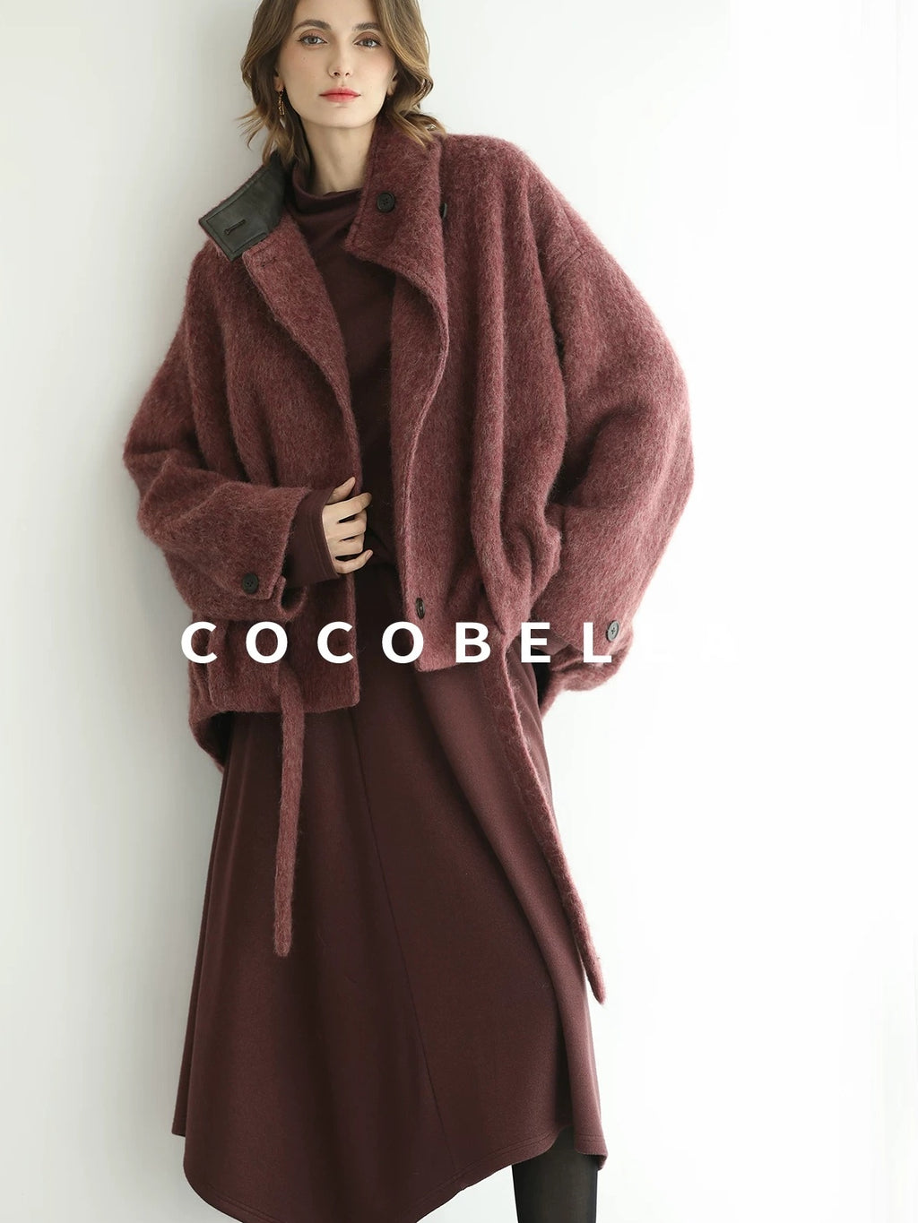 COCOBELLA Patchwork Two Piece Loose Fit Stand Collar Long Sleeve Women Knit Dress Sweater