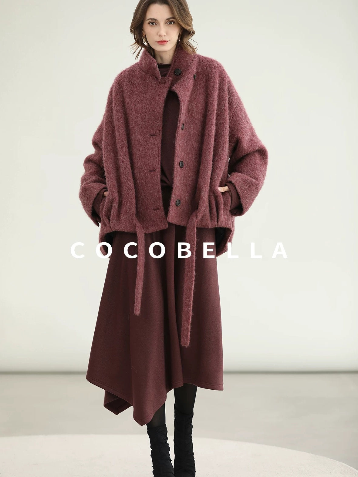 COCOBELLA Patchwork Two Piece Loose Fit Stand Collar Long Sleeve Women Knit Dress Sweater