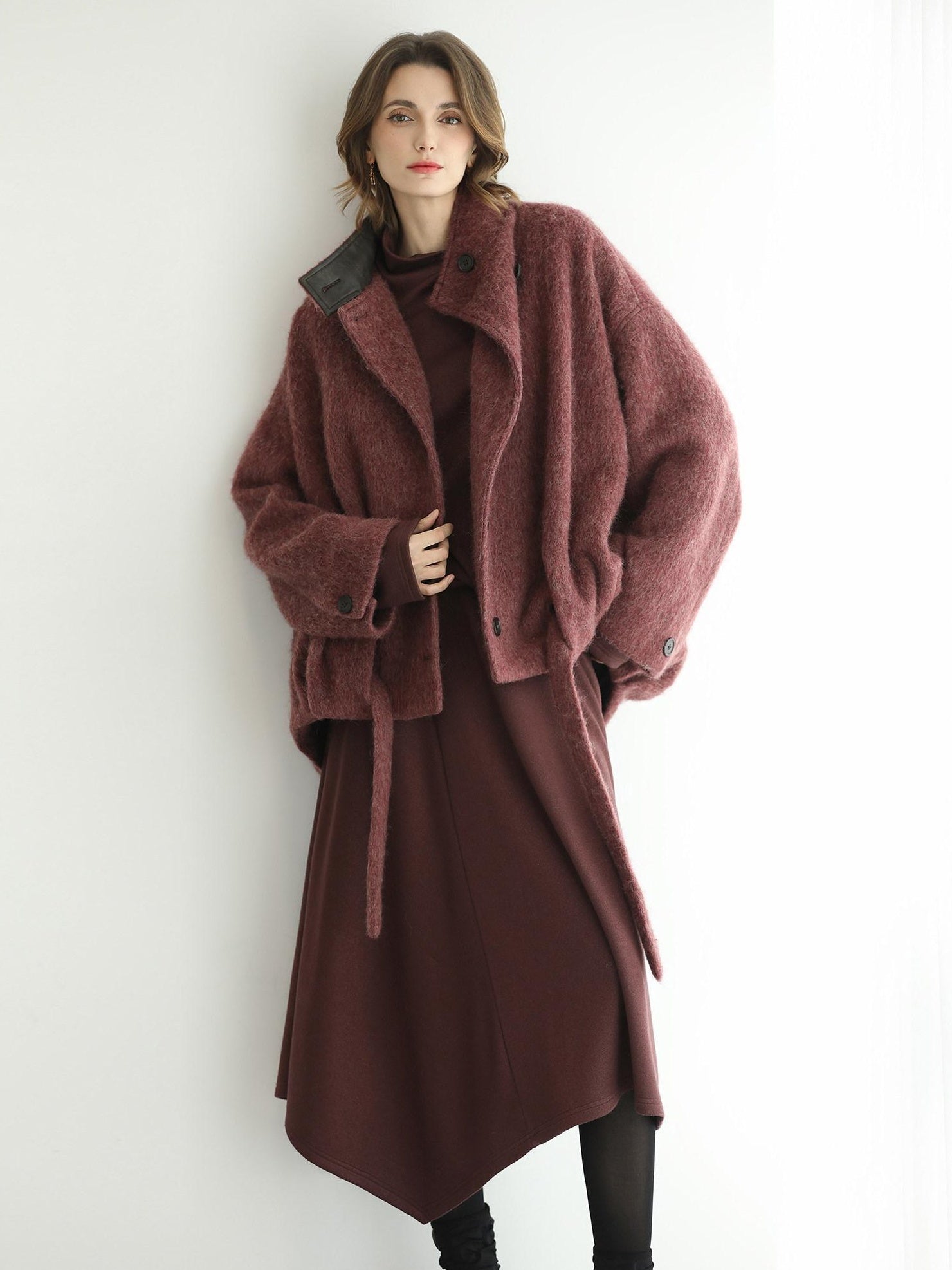 COCOBELLA Patchwork Two Piece Loose Fit Stand Collar Long Sleeve Women Knit Dress Sweater