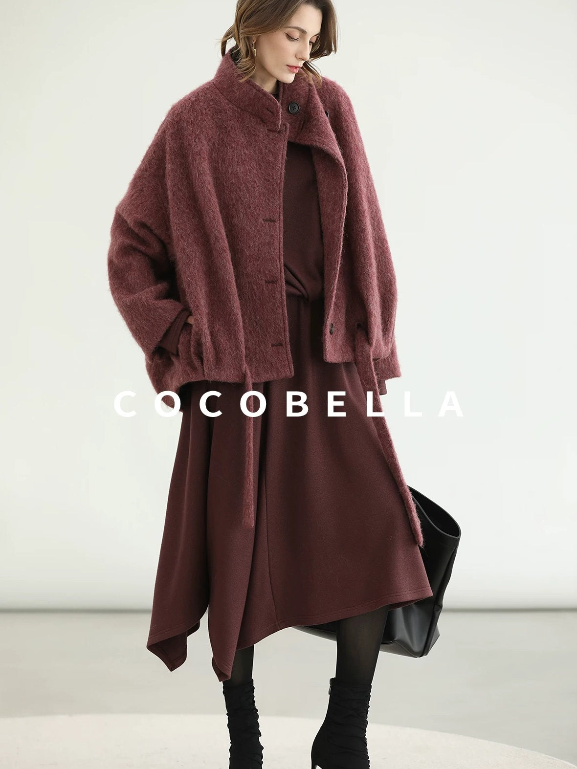 COCOBELLA Patchwork Two Piece Loose Fit Stand Collar Long Sleeve Women Knit Dress Sweater