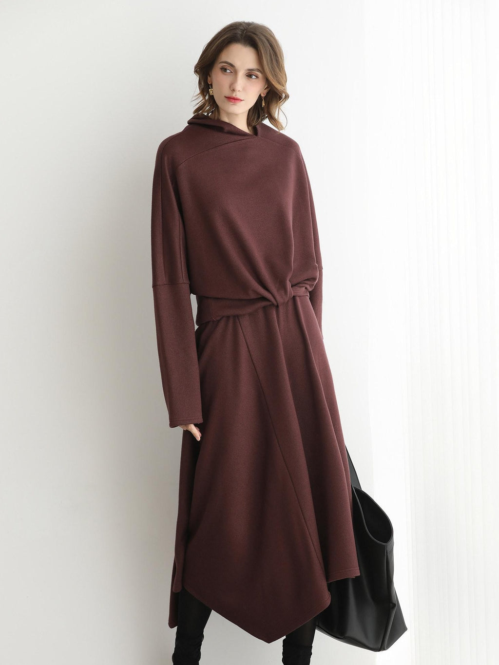 COCOBELLA Patchwork Two Piece Loose Fit Stand Collar Long Sleeve Women Knit Dress Sweater