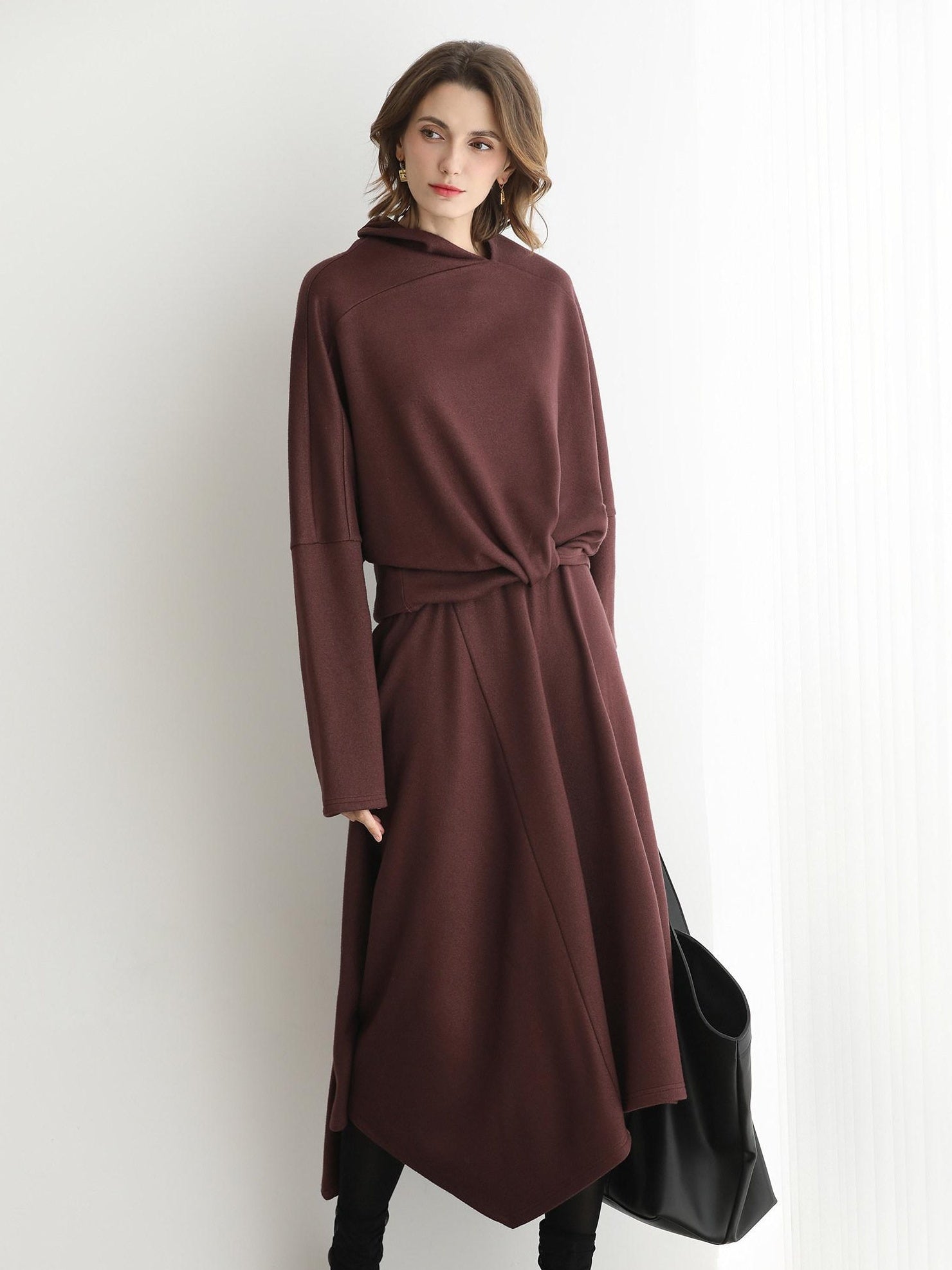 COCOBELLA Patchwork Two Piece Loose Fit Stand Collar Long Sleeve Women Knit Dress Sweater