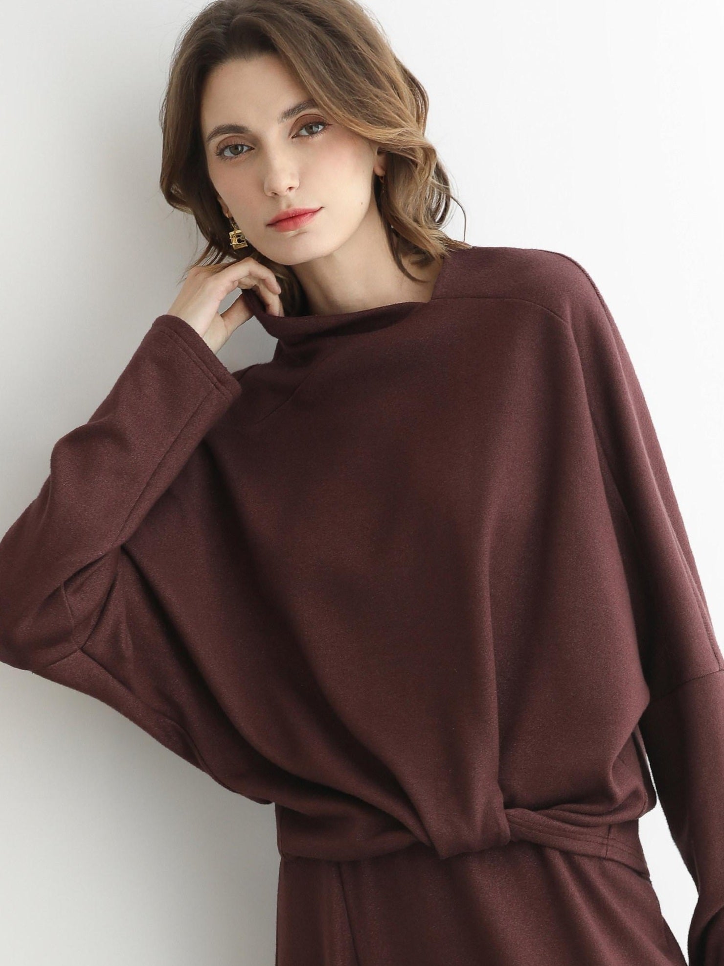 COCOBELLA Patchwork Two Piece Loose Fit Stand Collar Long Sleeve Women Knit Dress Sweater