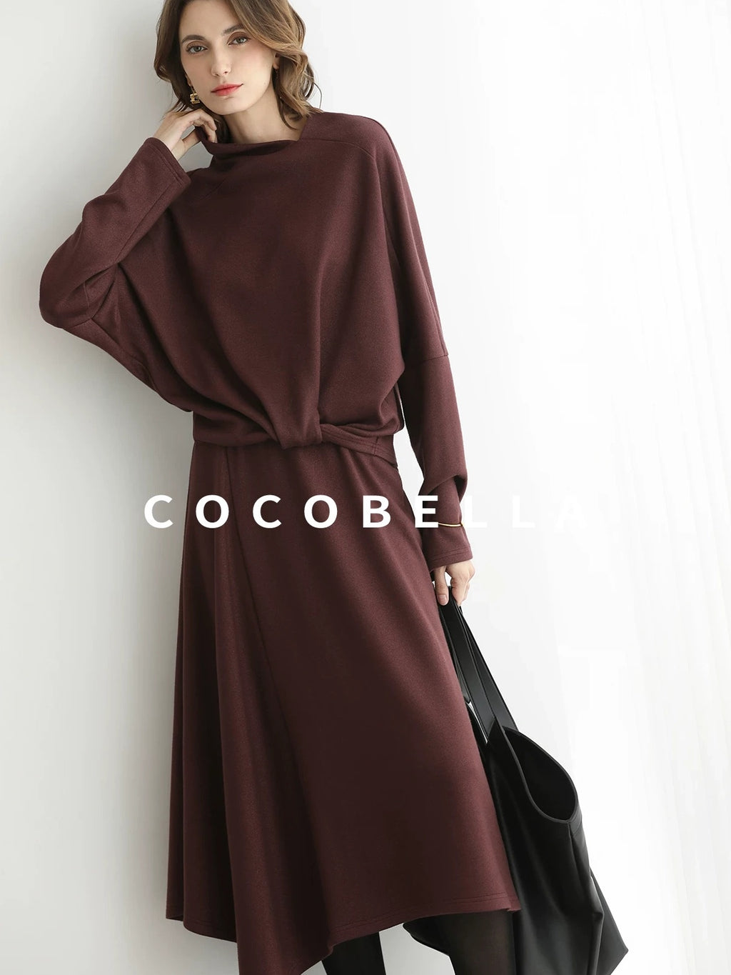 COCOBELLA Patchwork Two Piece Loose Fit Stand Collar Long Sleeve Women Knit Dress Sweater