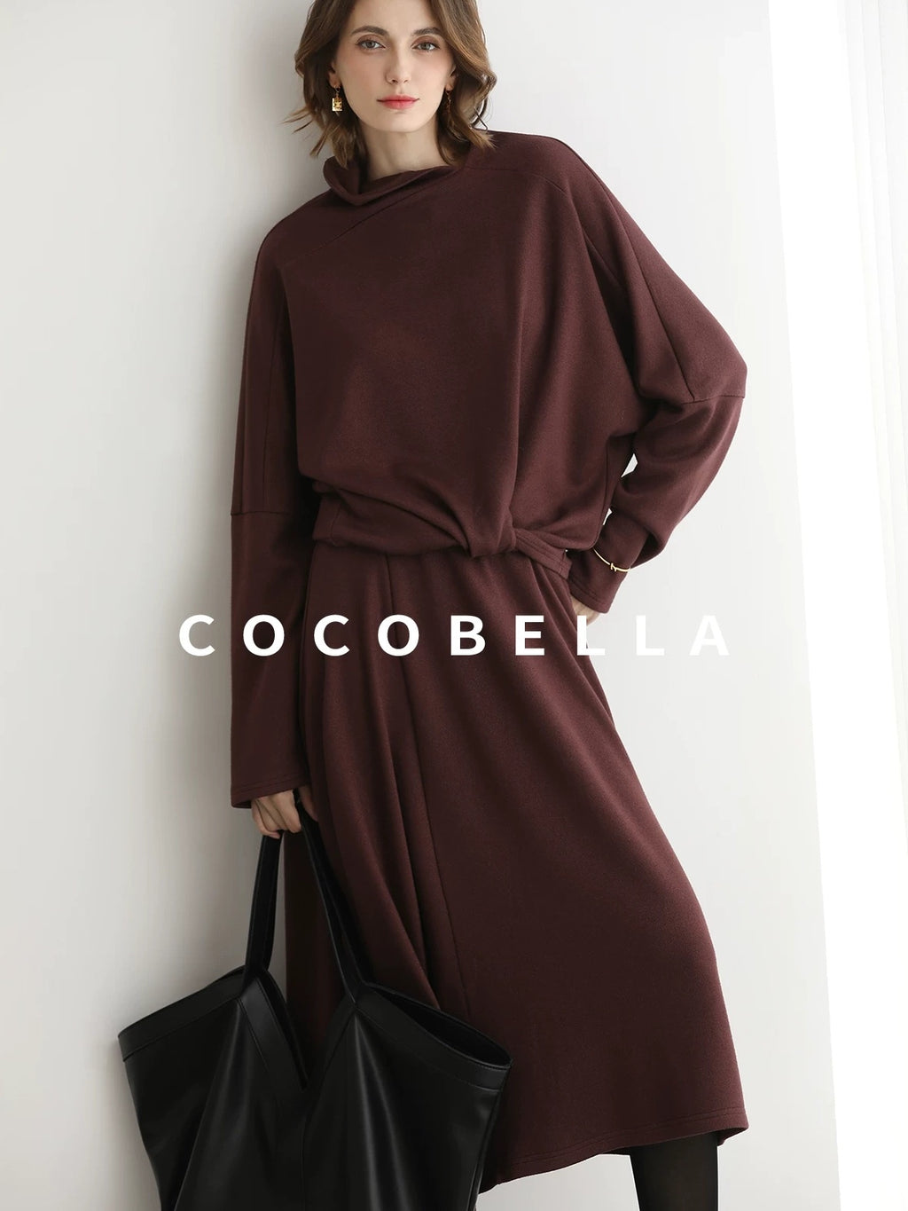 COCOBELLA Patchwork Two Piece Loose Fit Stand Collar Long Sleeve Women Knit Dress Sweater