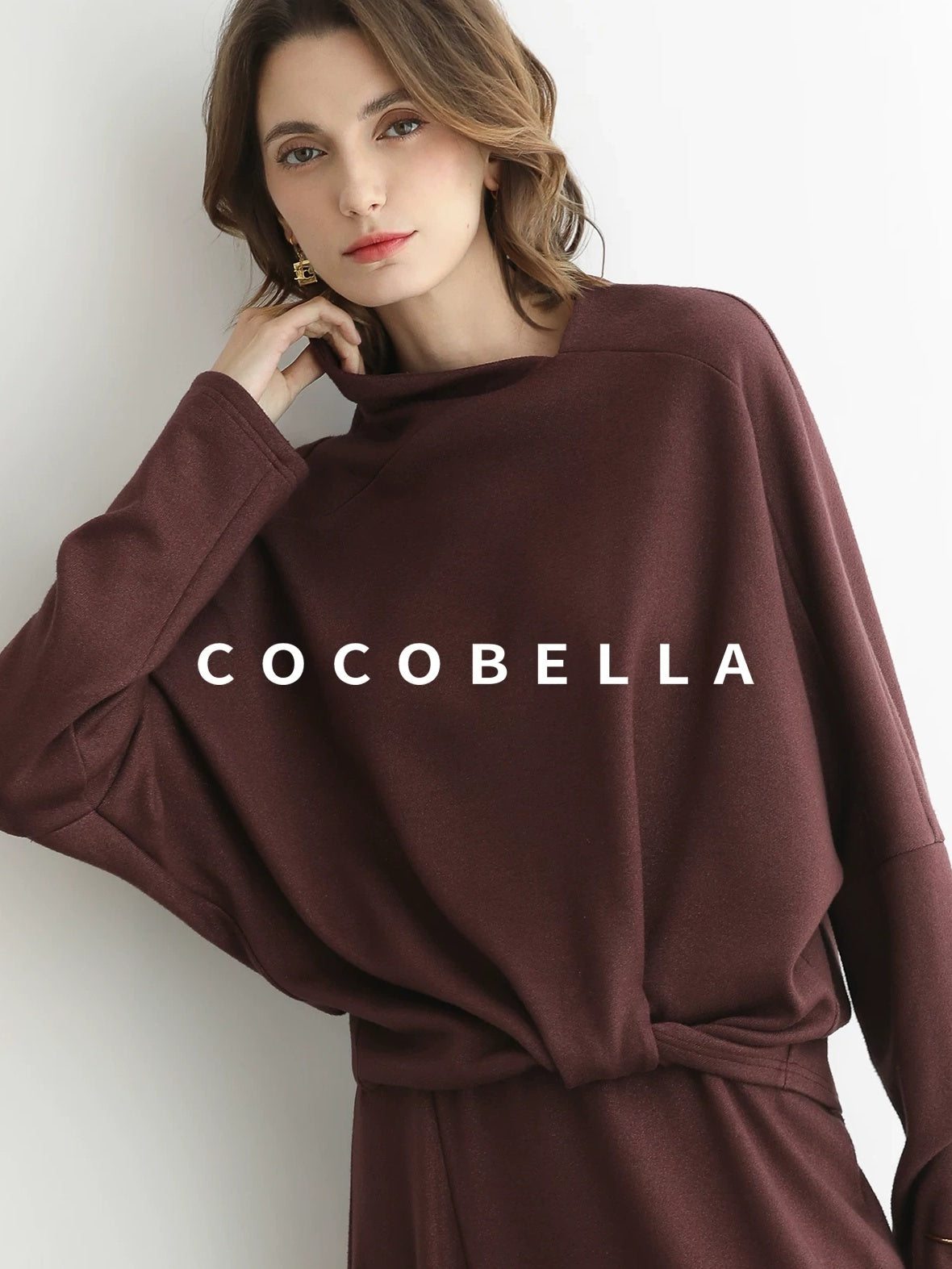 COCOBELLA Patchwork Two Piece Loose Fit Stand Collar Long Sleeve Women Knit Dress Sweater