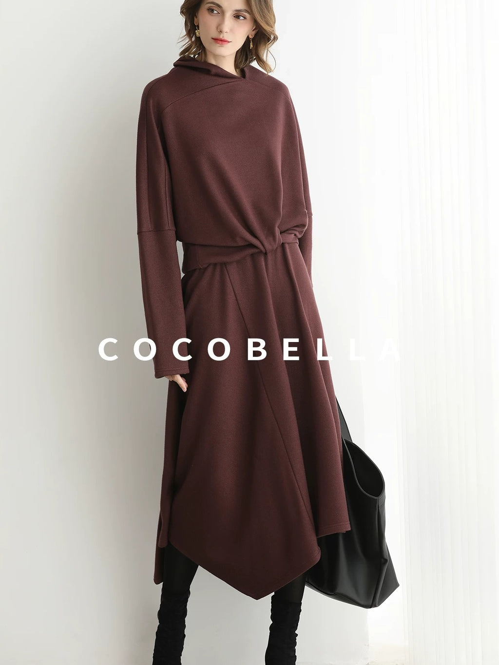 COCOBELLA Patchwork Two Piece Loose Fit Stand Collar Long Sleeve Women Knit Dress Sweater