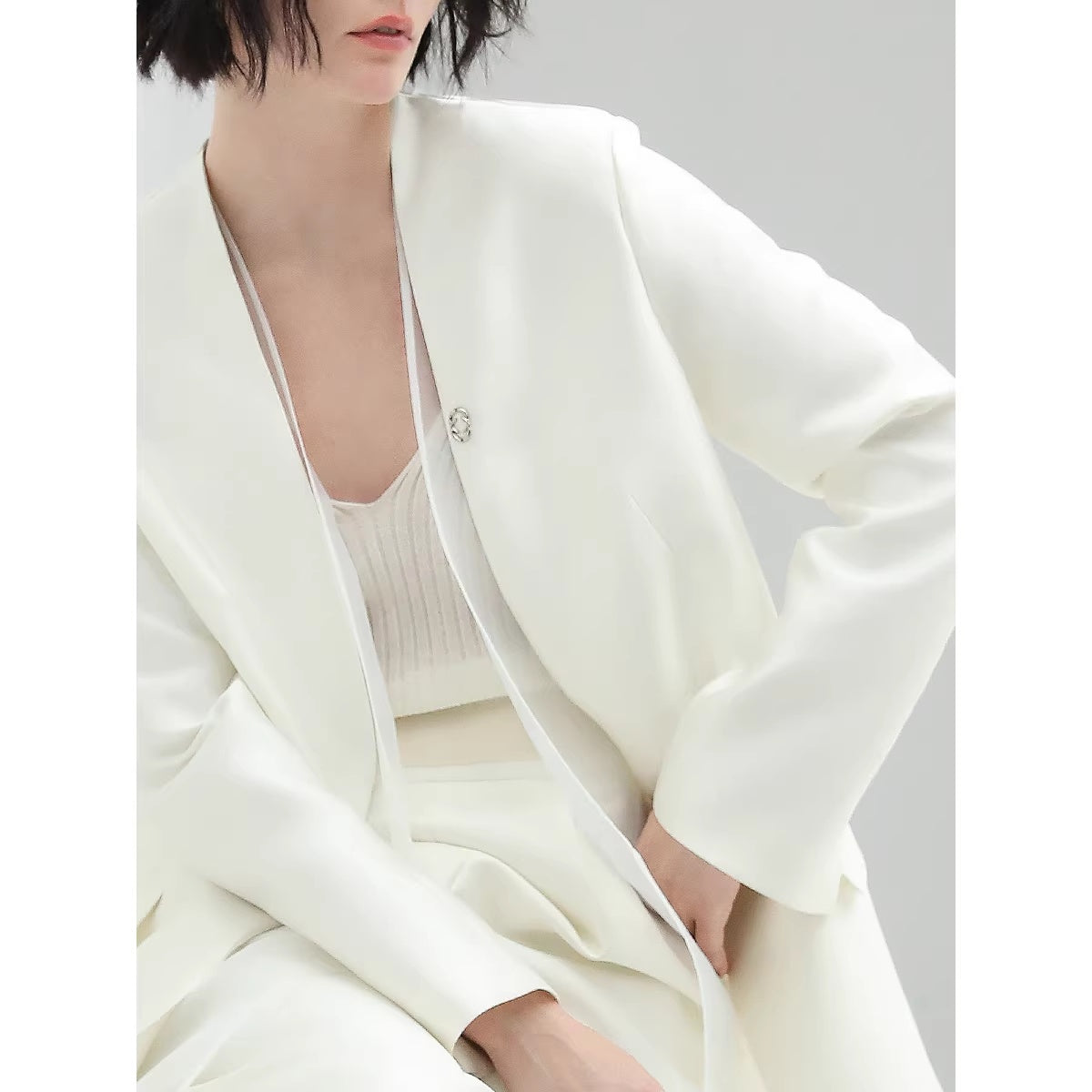 COCOBELLA_Pearl_White_Mesh_Patchwork_Slim_Fit_Office_Open_Pocket_Longsleeve_Blazers_MISSTT