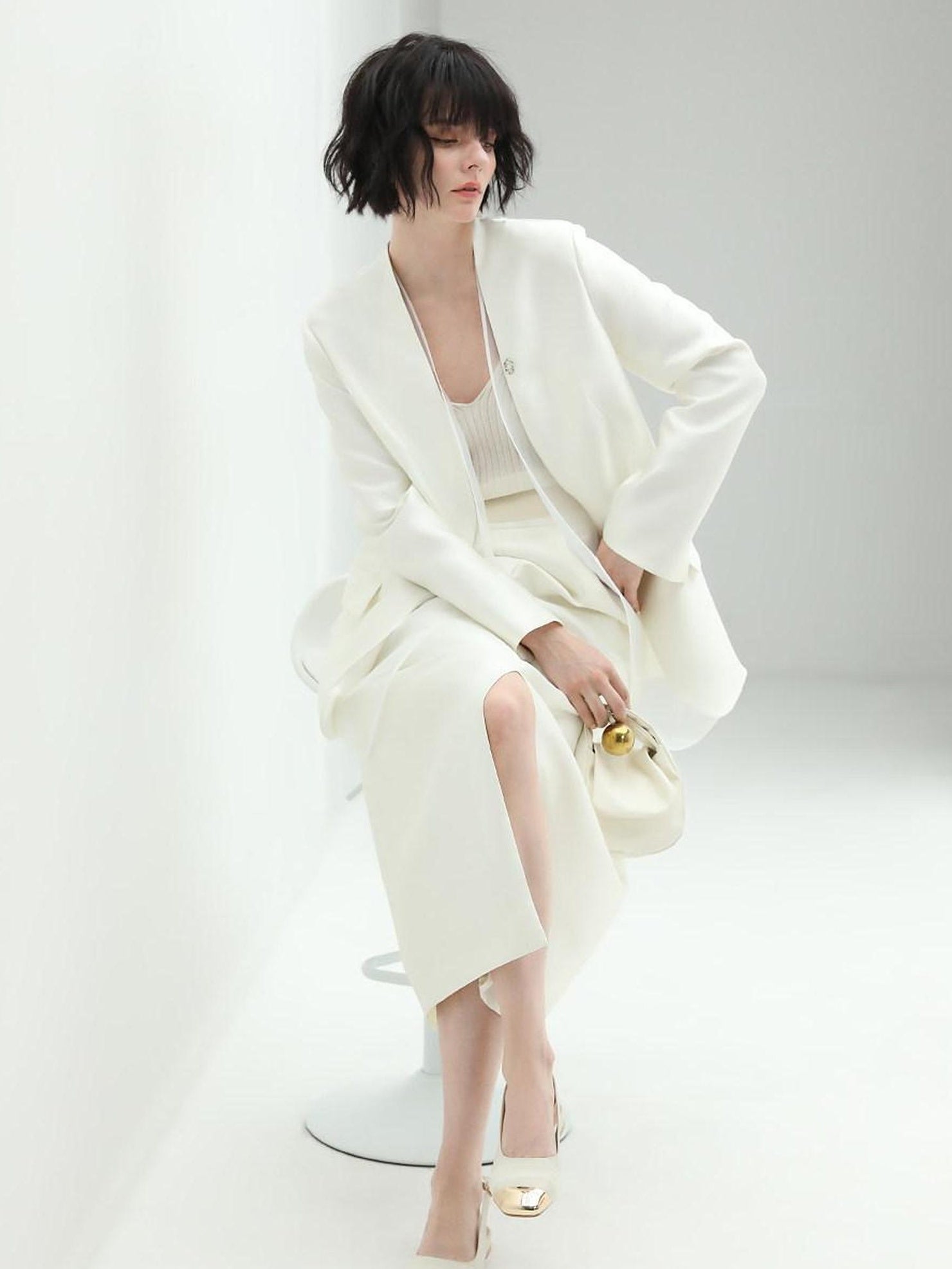 COCOBELLA Pearl White Mesh Patchwork Slim Fit Office Open Pocket Longsleeve Blazers