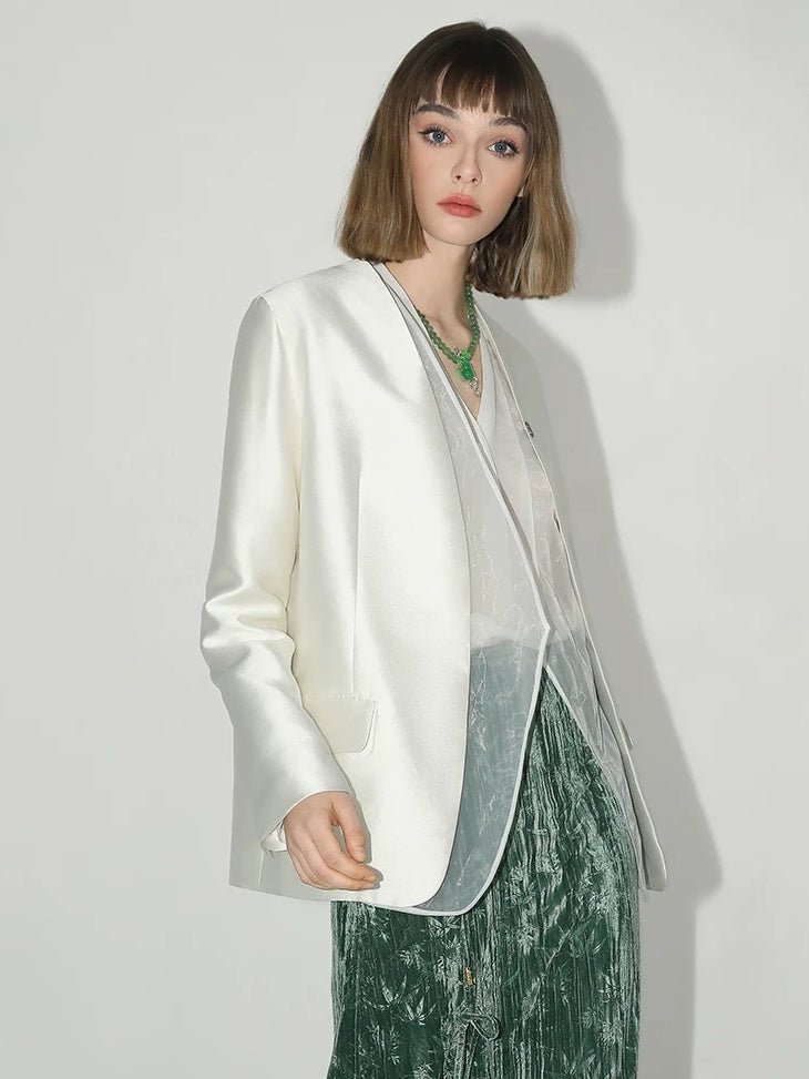 COCOBELLA Pearl White Mesh Patchwork Slim Fit Office Open Pocket Longsleeve Blazers