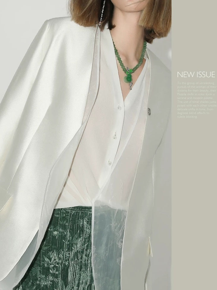 COCOBELLA Pearl White Mesh Patchwork Slim Fit Office Open Pocket Longsleeve Blazers