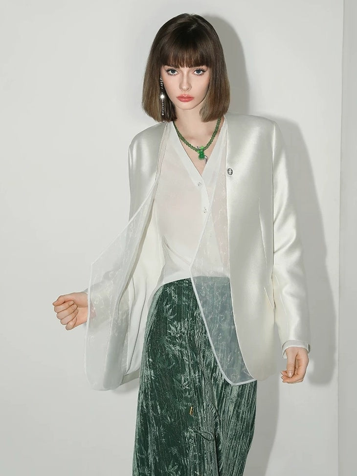 COCOBELLA Pearl White Mesh Patchwork Slim Fit Office Open Pocket Longsleeve Blazers