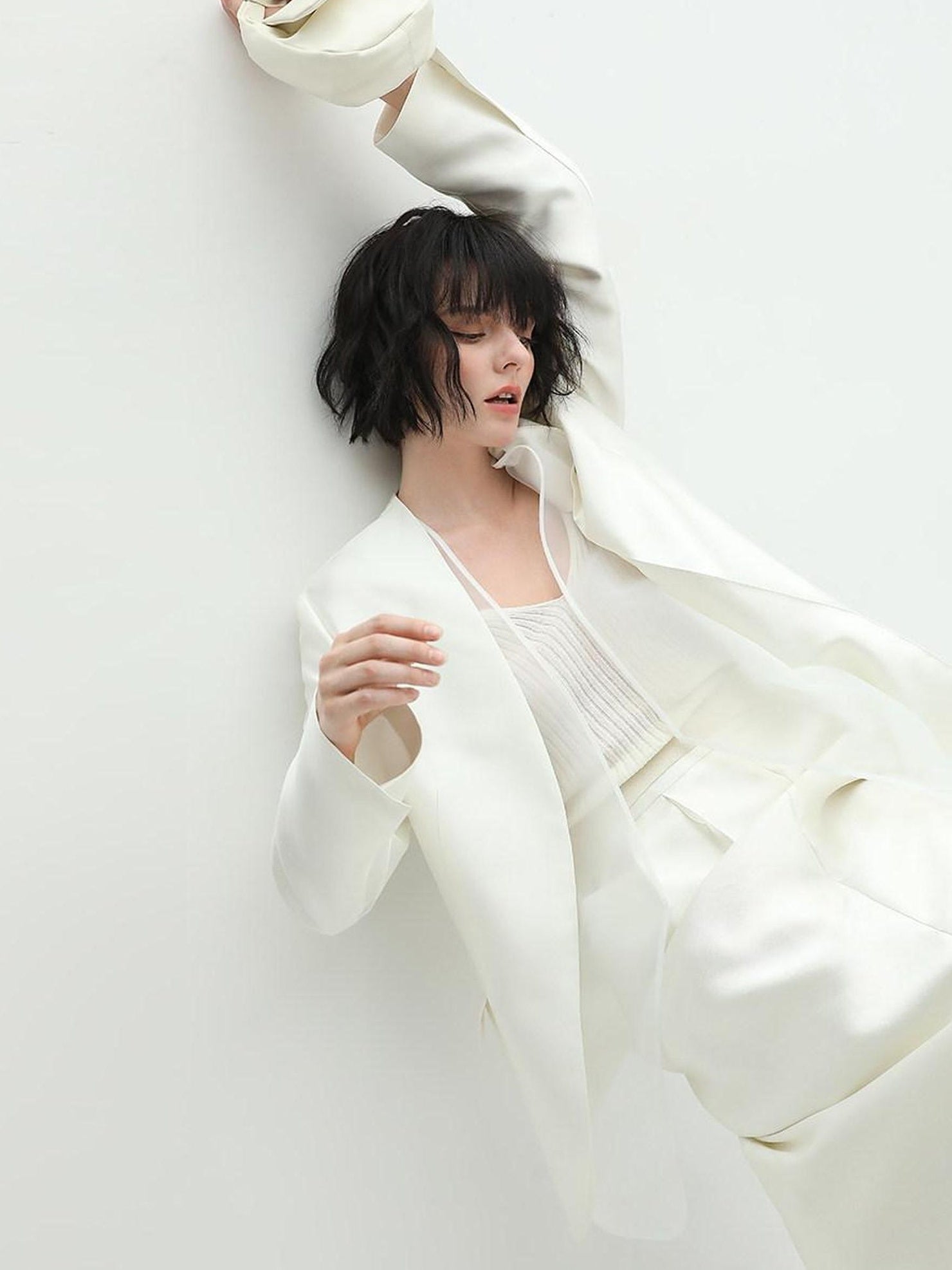 COCOBELLA Pearl White Mesh Patchwork Slim Fit Office Open Pocket Longsleeve Blazers