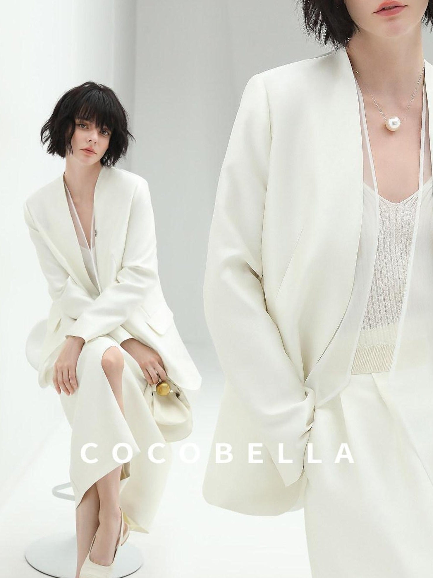 COCOBELLA Pearl White Mesh Patchwork Slim Fit Office Open Pocket Longsleeve Blazers