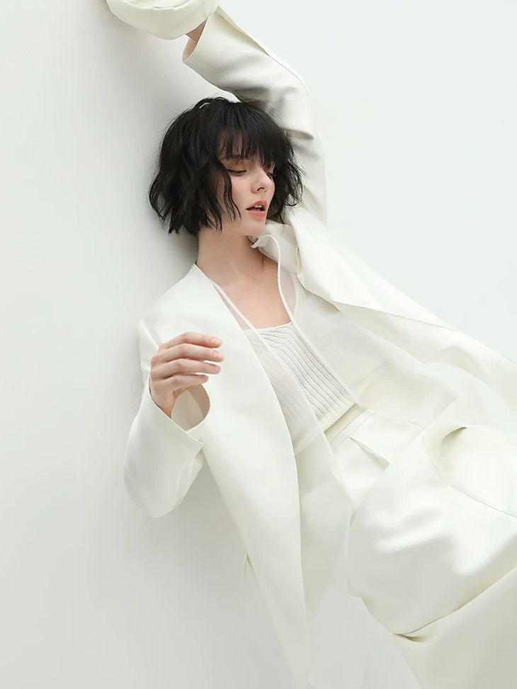 COCOBELLA Pearl White Mesh Patchwork Slim Fit Office Open Pocket Longsleeve Blazers