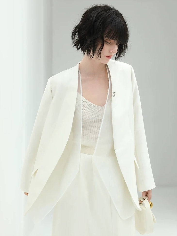 COCOBELLA Pearl White Mesh Patchwork Slim Fit Office Open Pocket Longsleeve Blazers