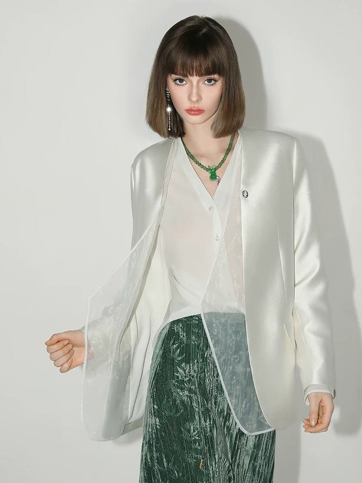 COCOBELLA Pearl White Mesh Patchwork Slim Fit Office Open Pocket Longsleeve Blazers