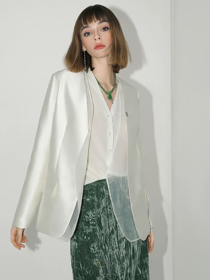 COCOBELLA Pearl White Mesh Patchwork Slim Fit Office Open Pocket Longsleeve Blazers