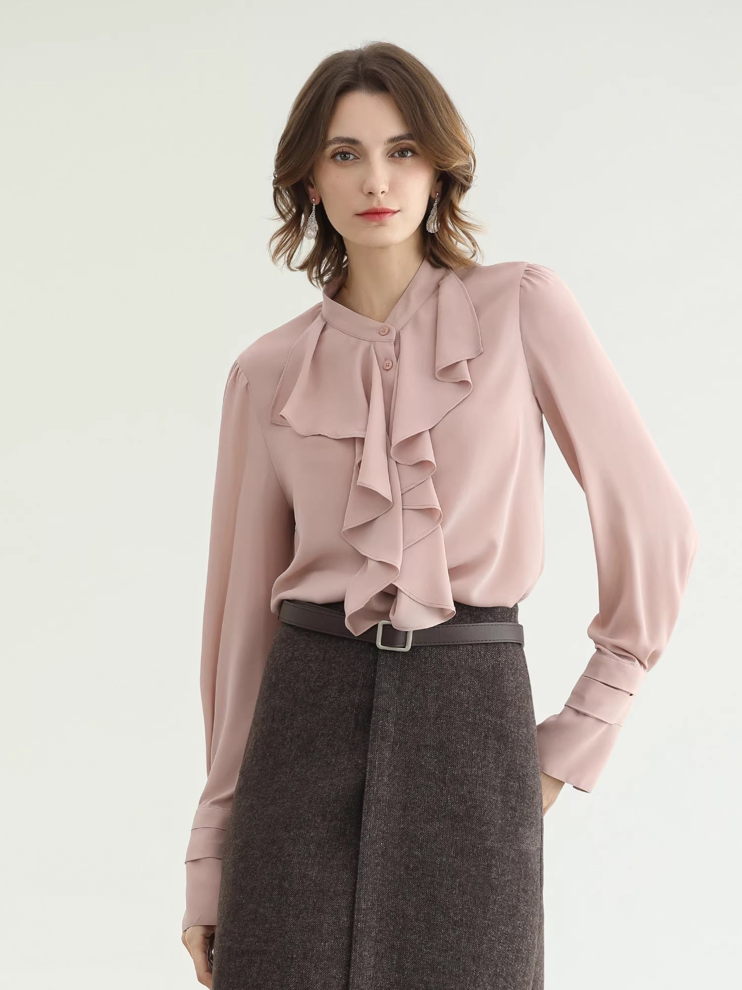COCOBELLA_Petal_Pink_French_Ruffle_Collar_Button_Straight_Fit_Women_Long_Sleeve_Shirts_MISSTT