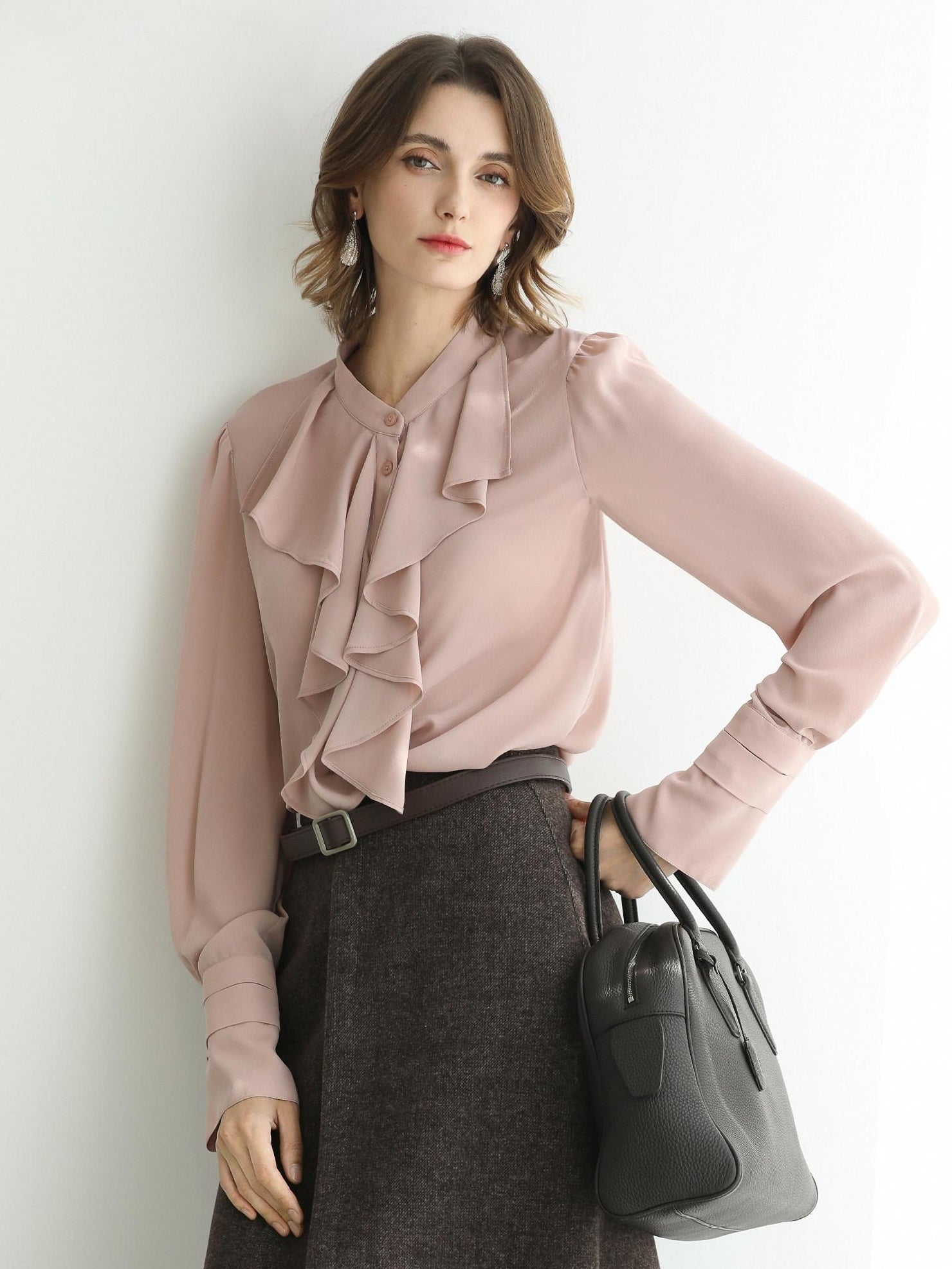 COCOBELLA Petal Pink French Ruffle Collar Button Straight Fit Women Long Sleeve Shirts