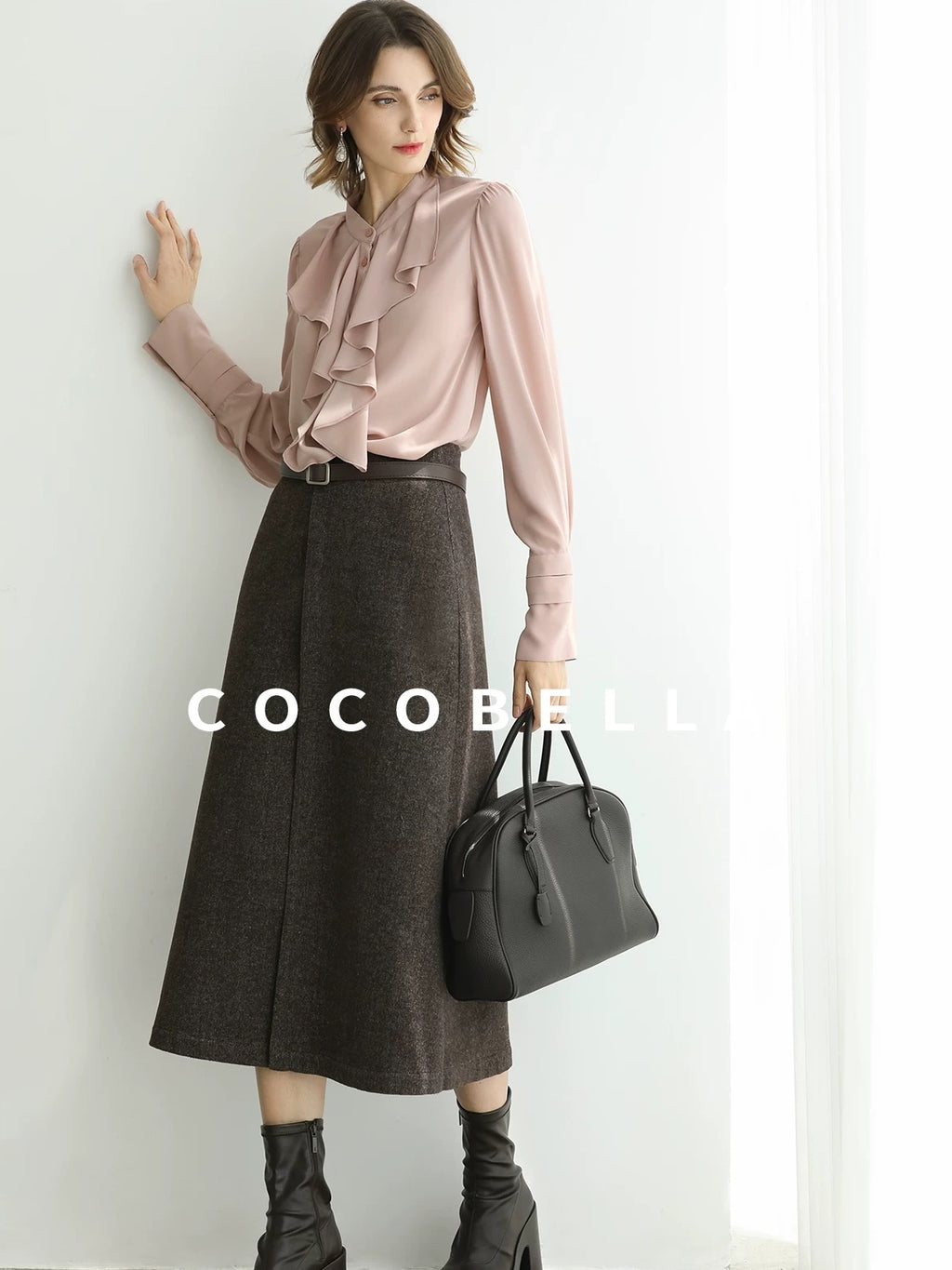 COCOBELLA Petal Pink French Ruffle Collar Button Straight Fit Women Long Sleeve Shirts