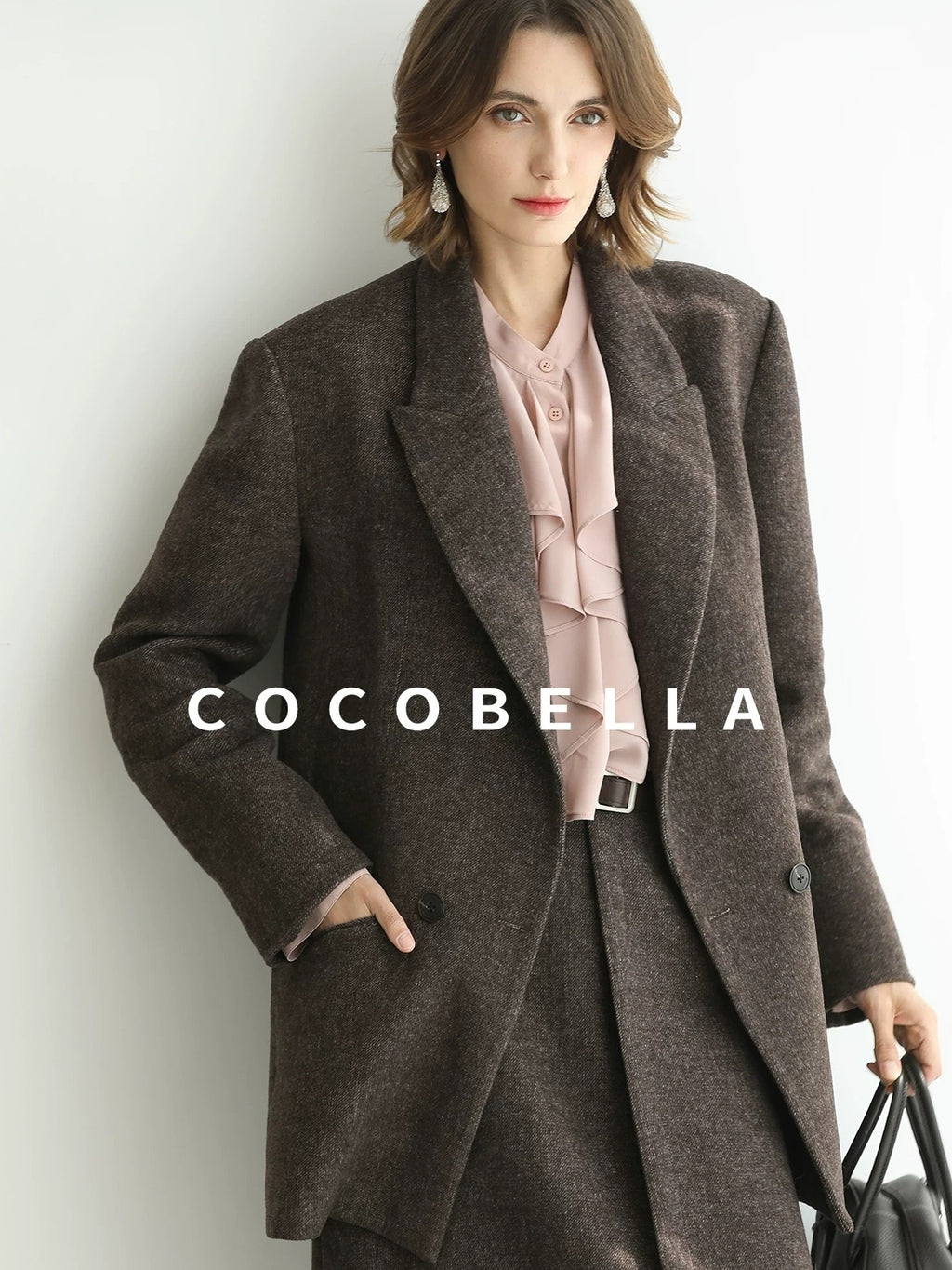 COCOBELLA Petal Pink French Ruffle Collar Button Straight Fit Women Long Sleeve Shirts