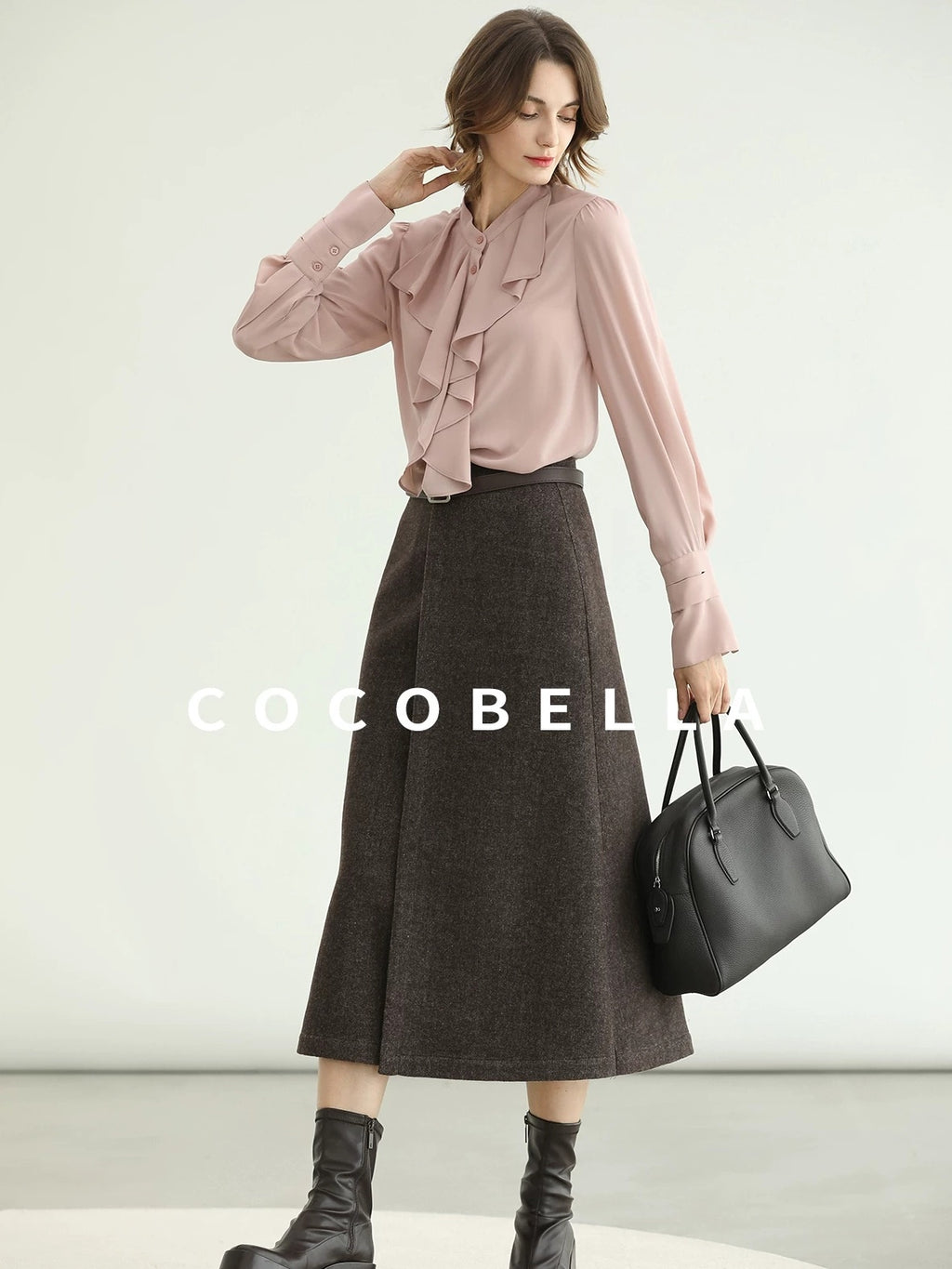 COCOBELLA Petal Pink French Ruffle Collar Button Straight Fit Women Long Sleeve Shirts
