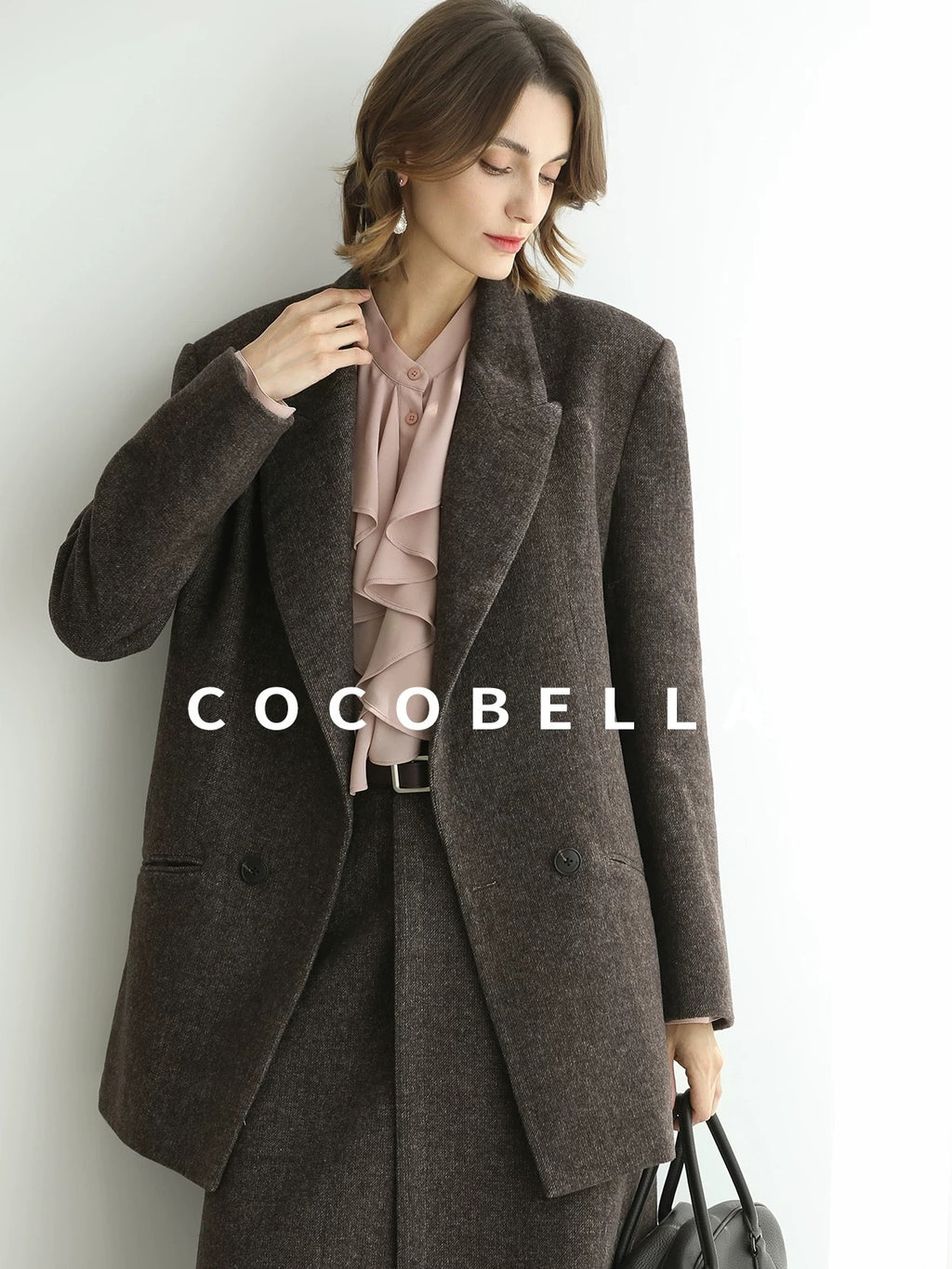 COCOBELLA Petal Pink French Ruffle Collar Button Straight Fit Women Long Sleeve Shirts