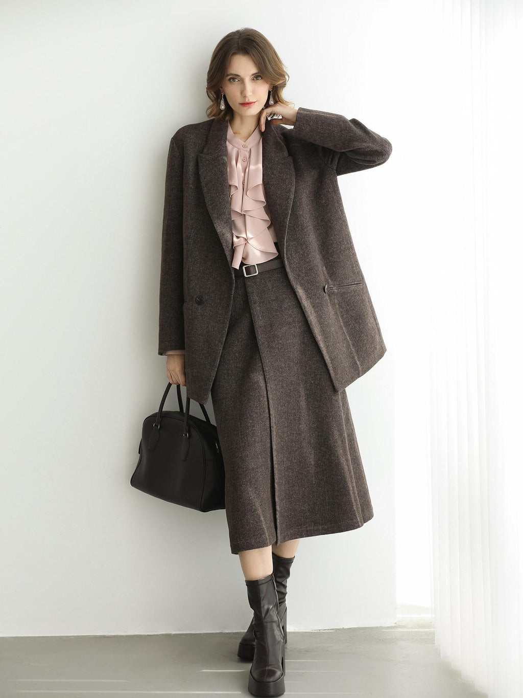 COCOBELLA Petal Pink French Ruffle Collar Button Straight Fit Women Long Sleeve Shirts